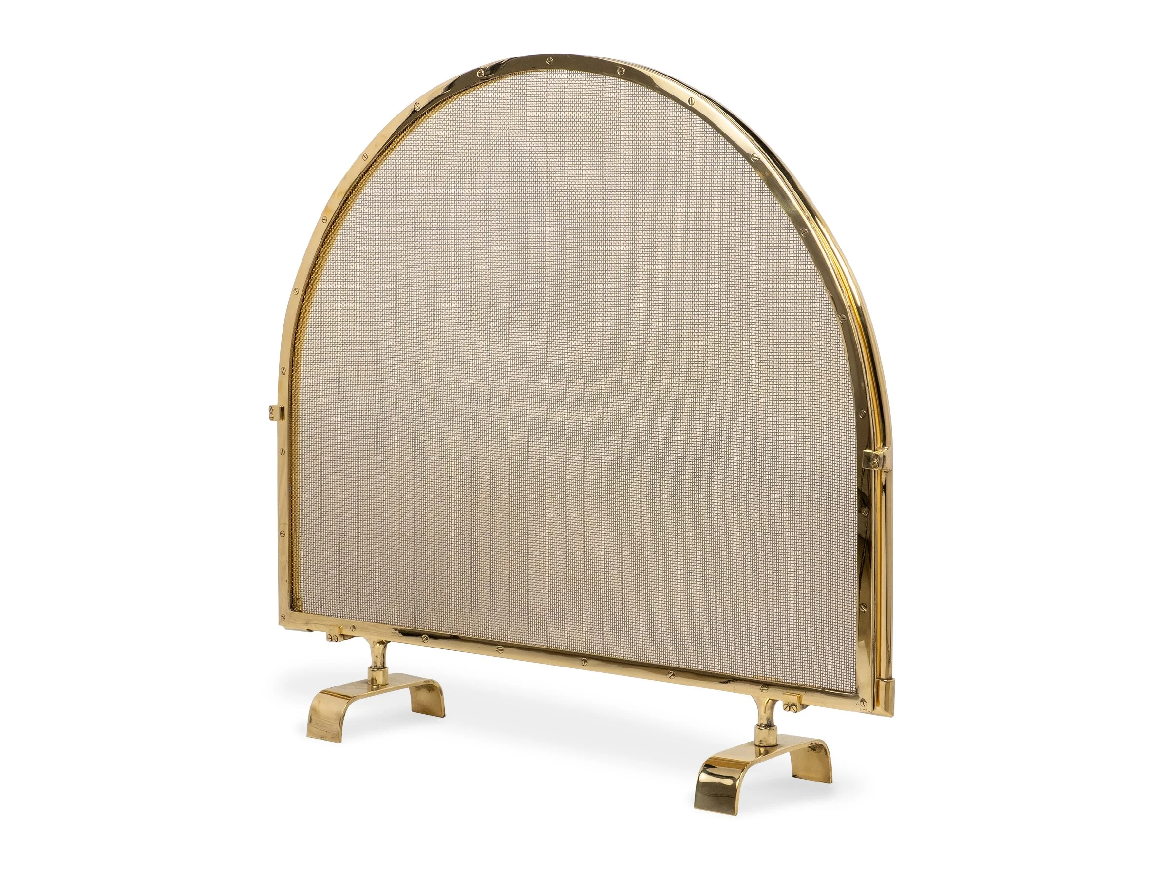 Arch Fire Screen with polished bronze frame and mesh insert, back view