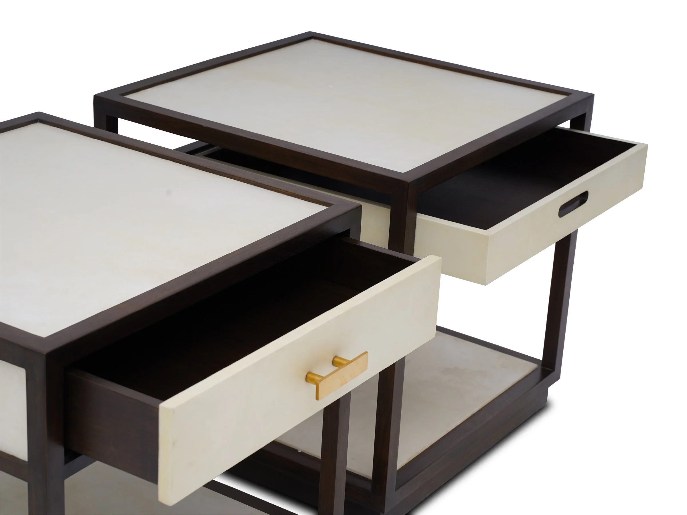 Divine Stand in bleached parchment and dark walnut, drawers open