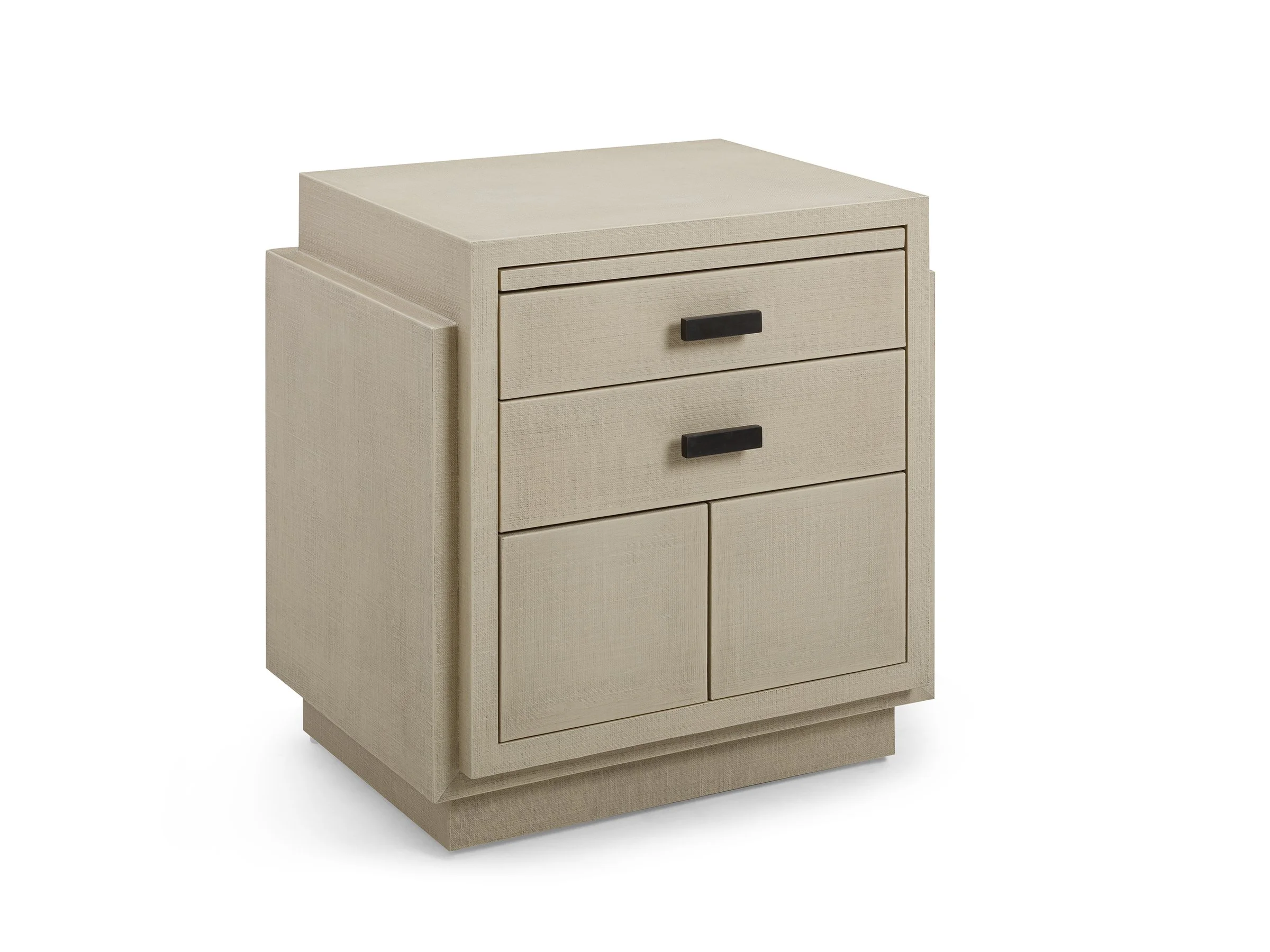 Angled view of Phillip Cabinet in Canvas Lacquered Linen with Bronze hardware