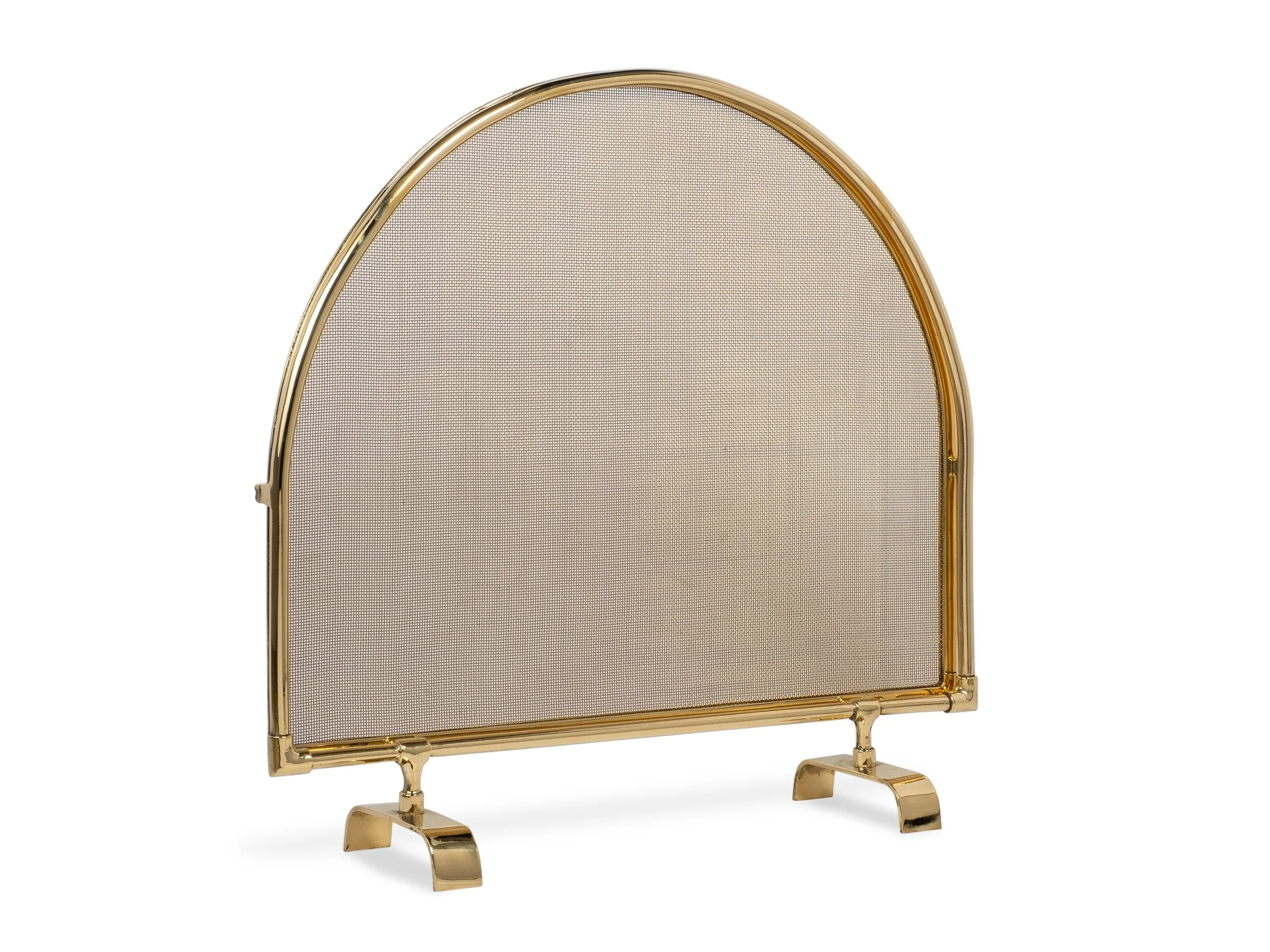 Arch Fire Screen with polished bronze frame and mesh insert, angle view