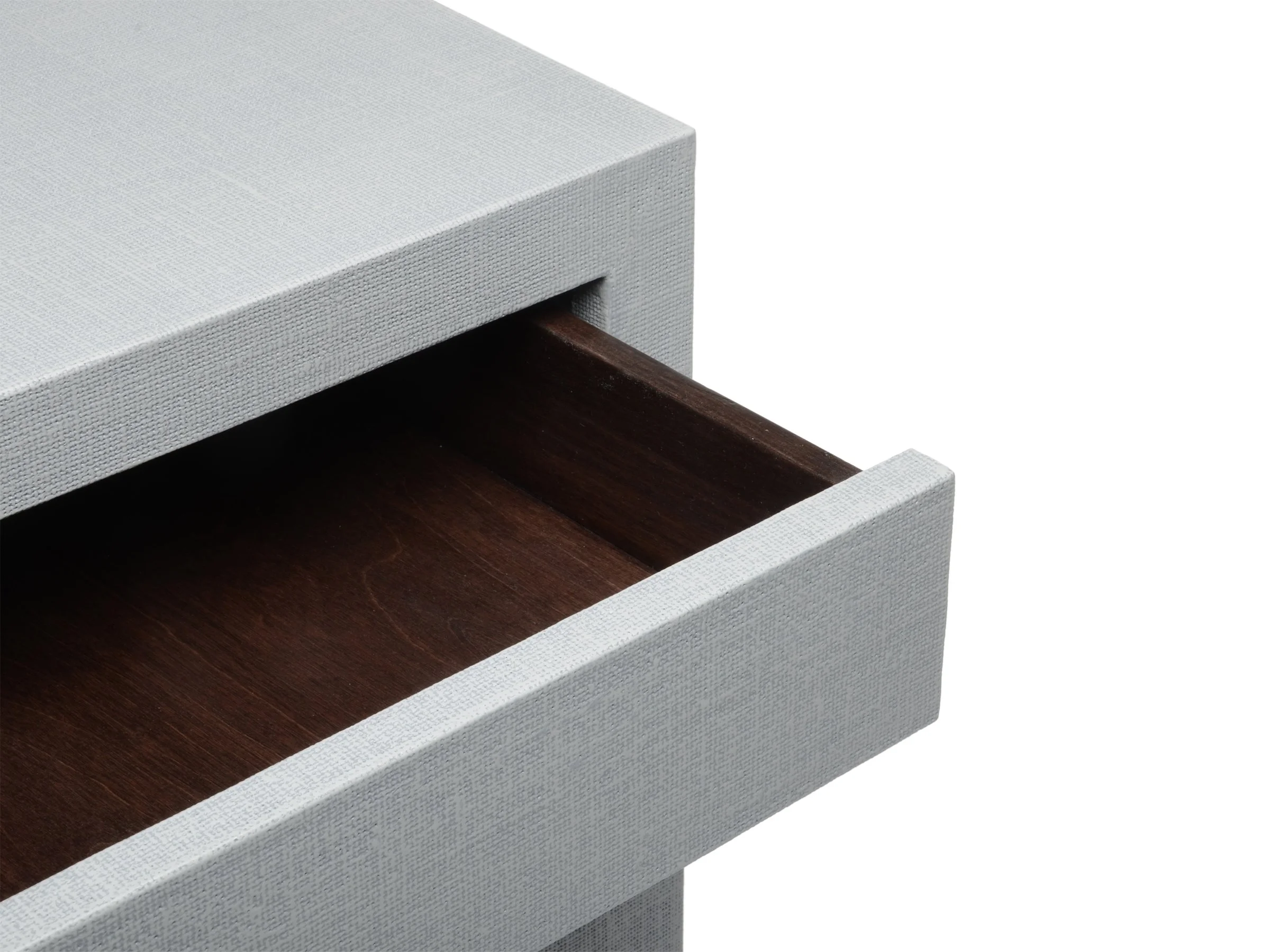 The Jean Stand in Nimbus Lacquered Linen, close up of open drawer.