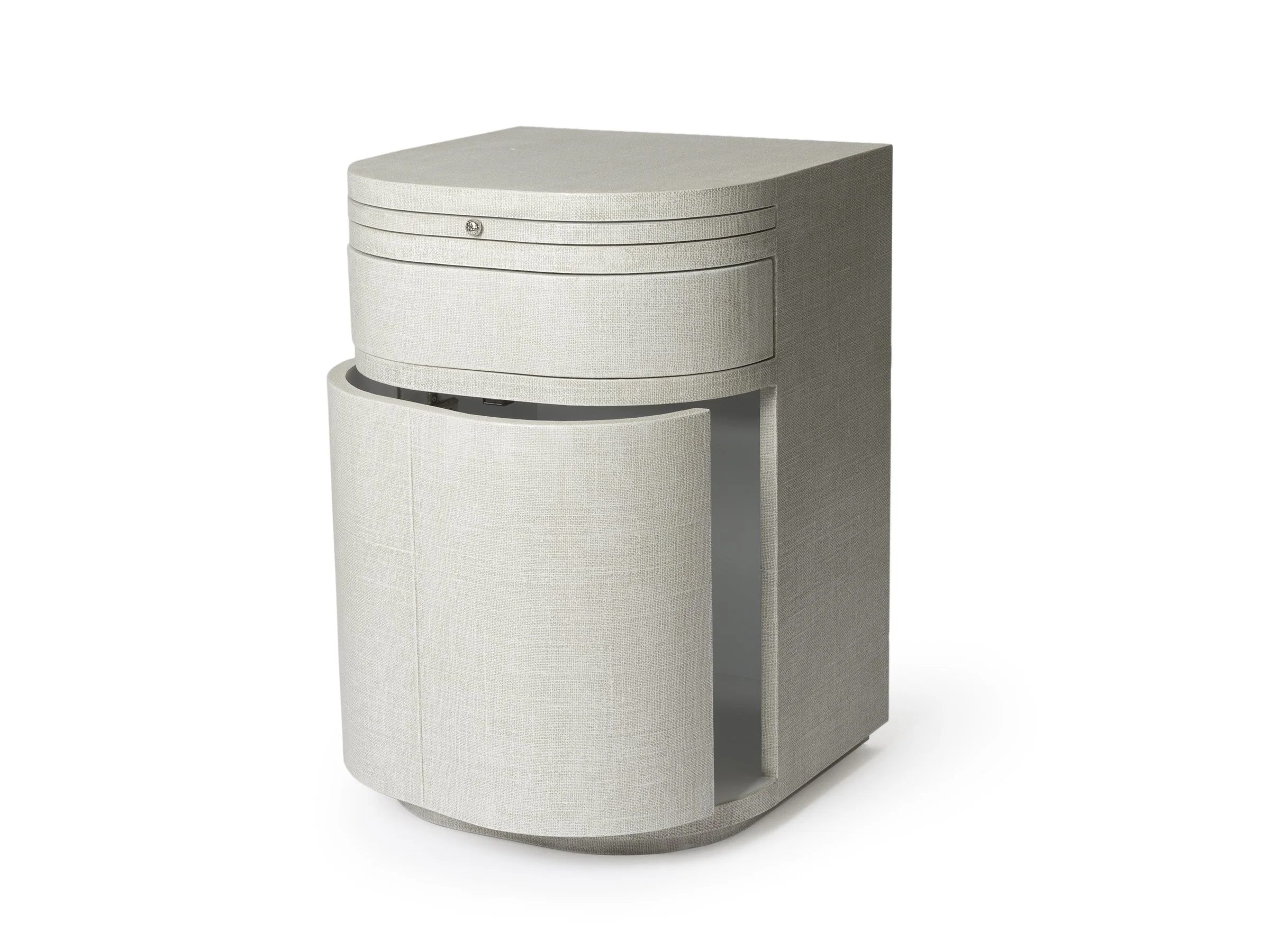 The Rita Stand in Snow Lacquered Linen - door open.
