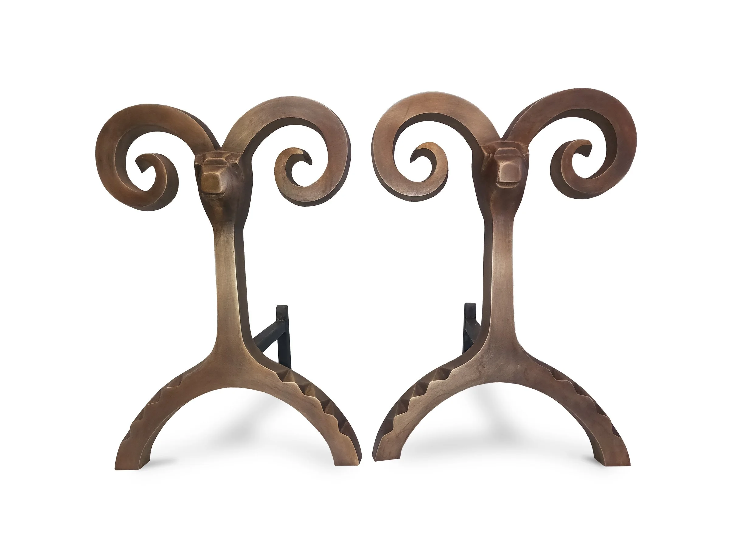 Ram Andirons in Antique Bronze finish, front-facing view.