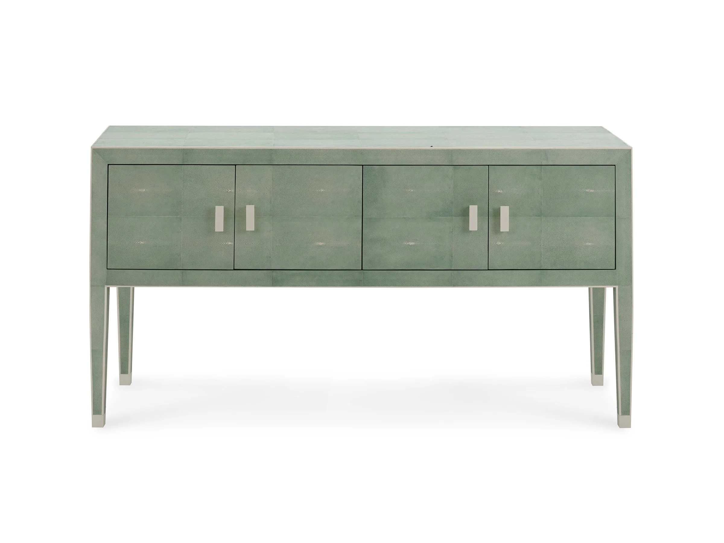 Front view of Matthew 4-Door Cabinet in La Mer Shagreen with minimalist hardware
