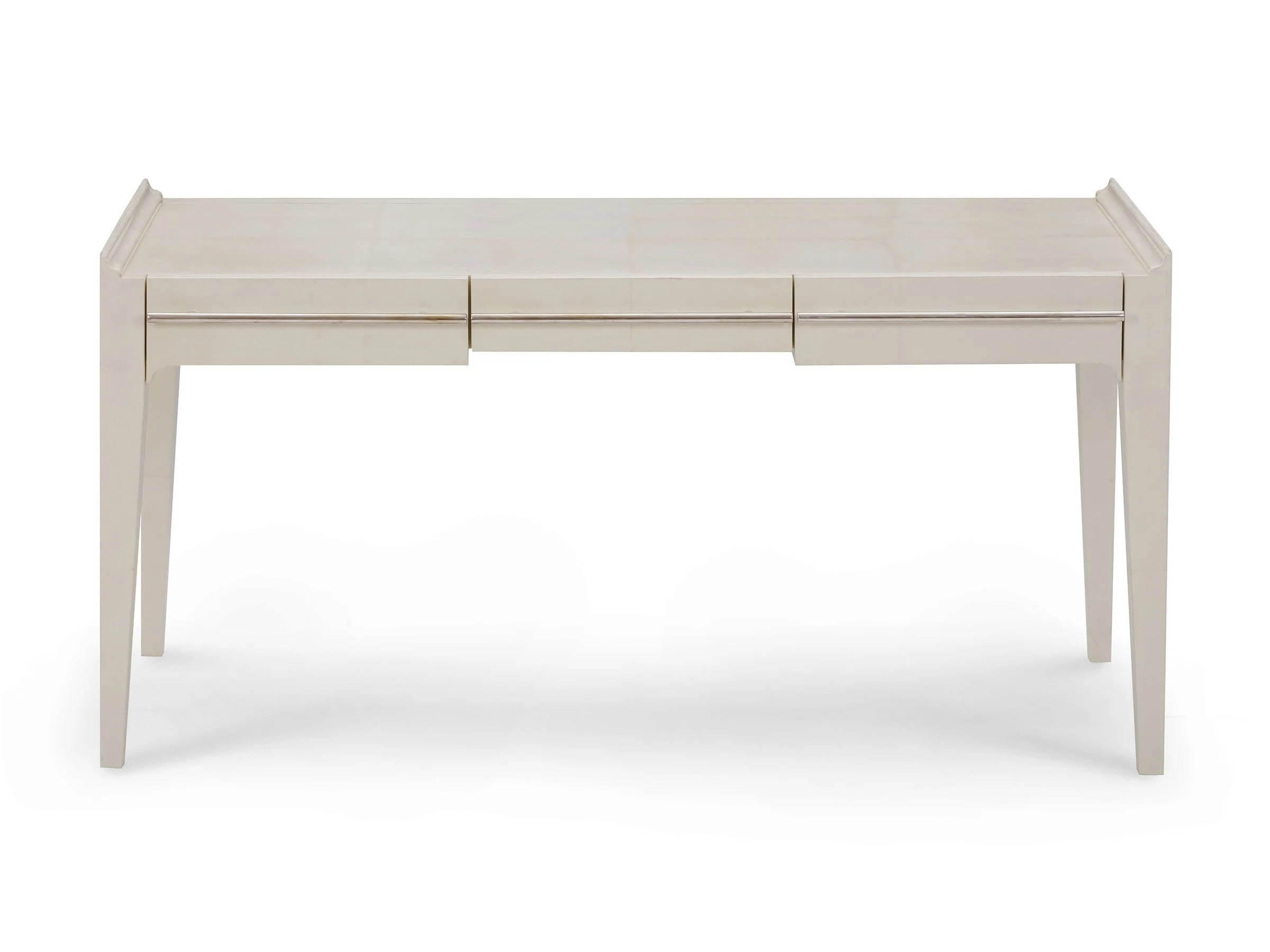 Front view of I Desk in Bleached Parchment with bronze pulls