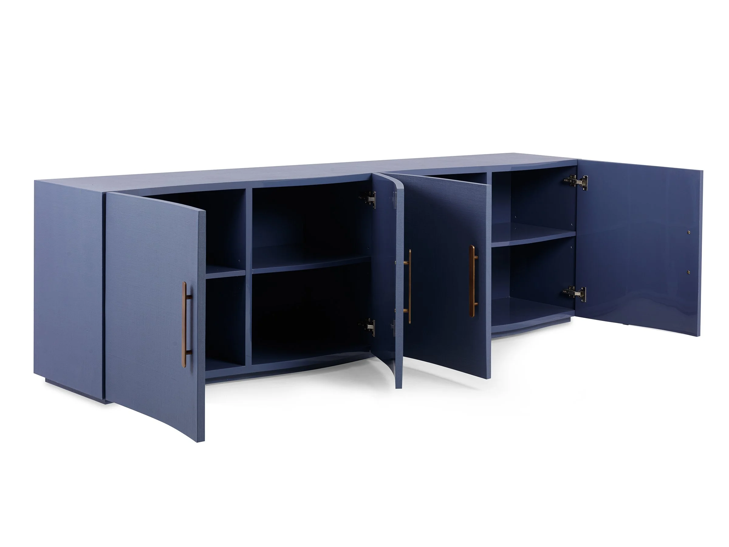 Angled view of the New Wave Cabinet in New Navy lacquered linen with doors open showing shelving inside.