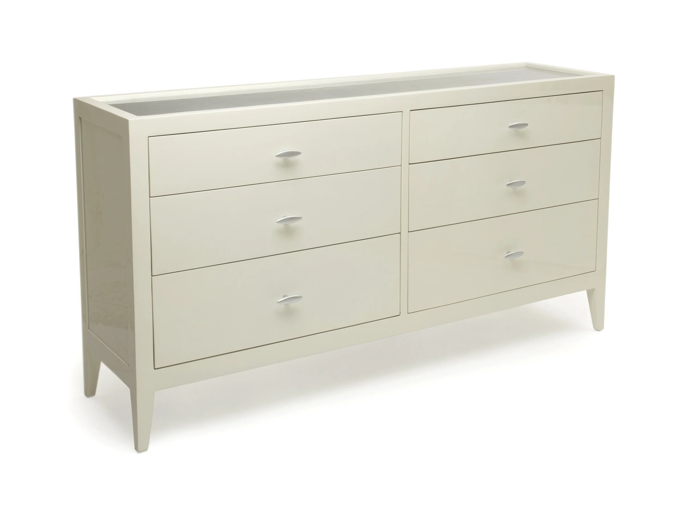 Felisse Dresser in Dove lacquer with silver foil top – angled view