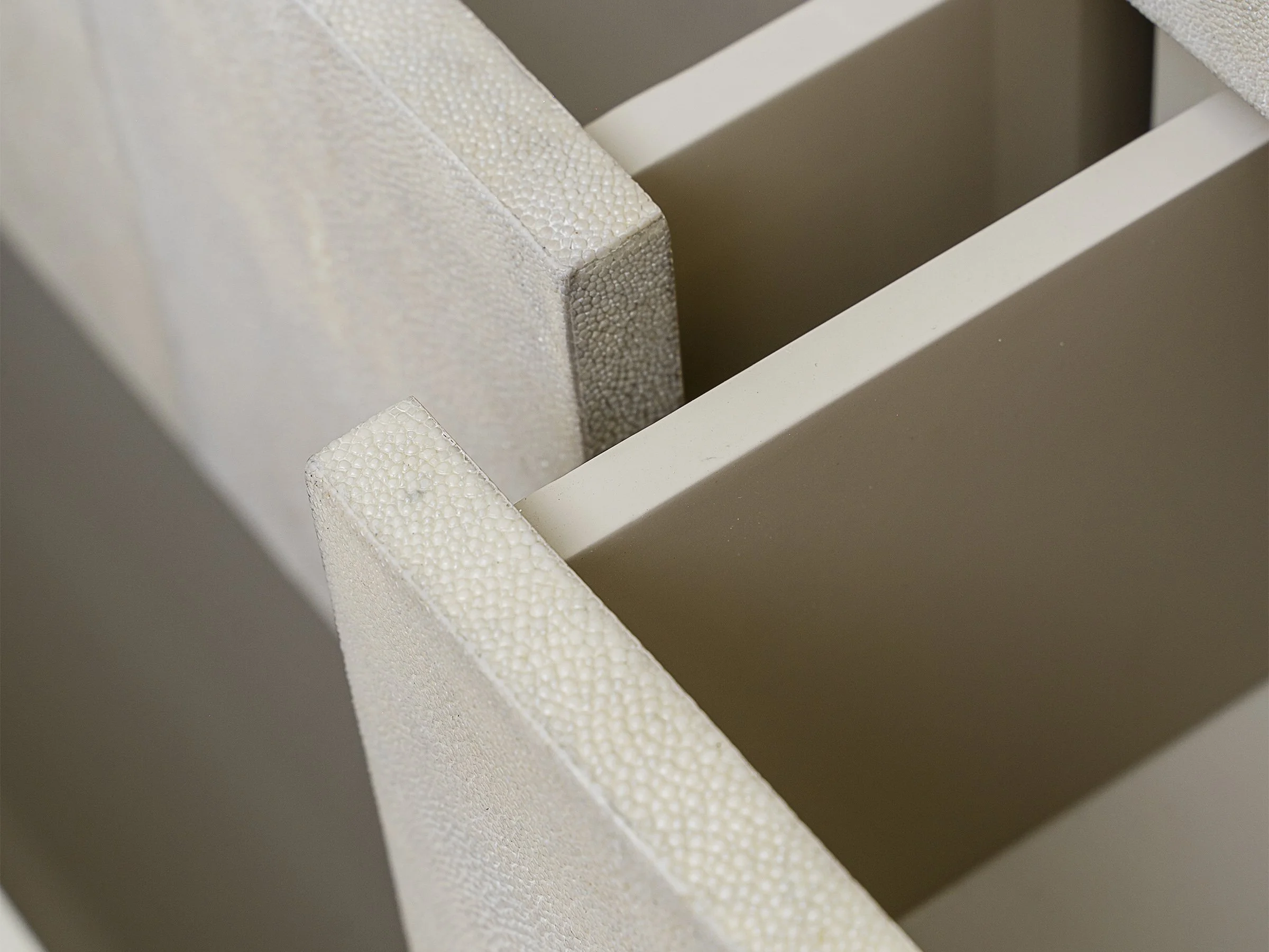 Detail view of the Double Matthew Chest in Water Grey Shagreen showing drawer dividers