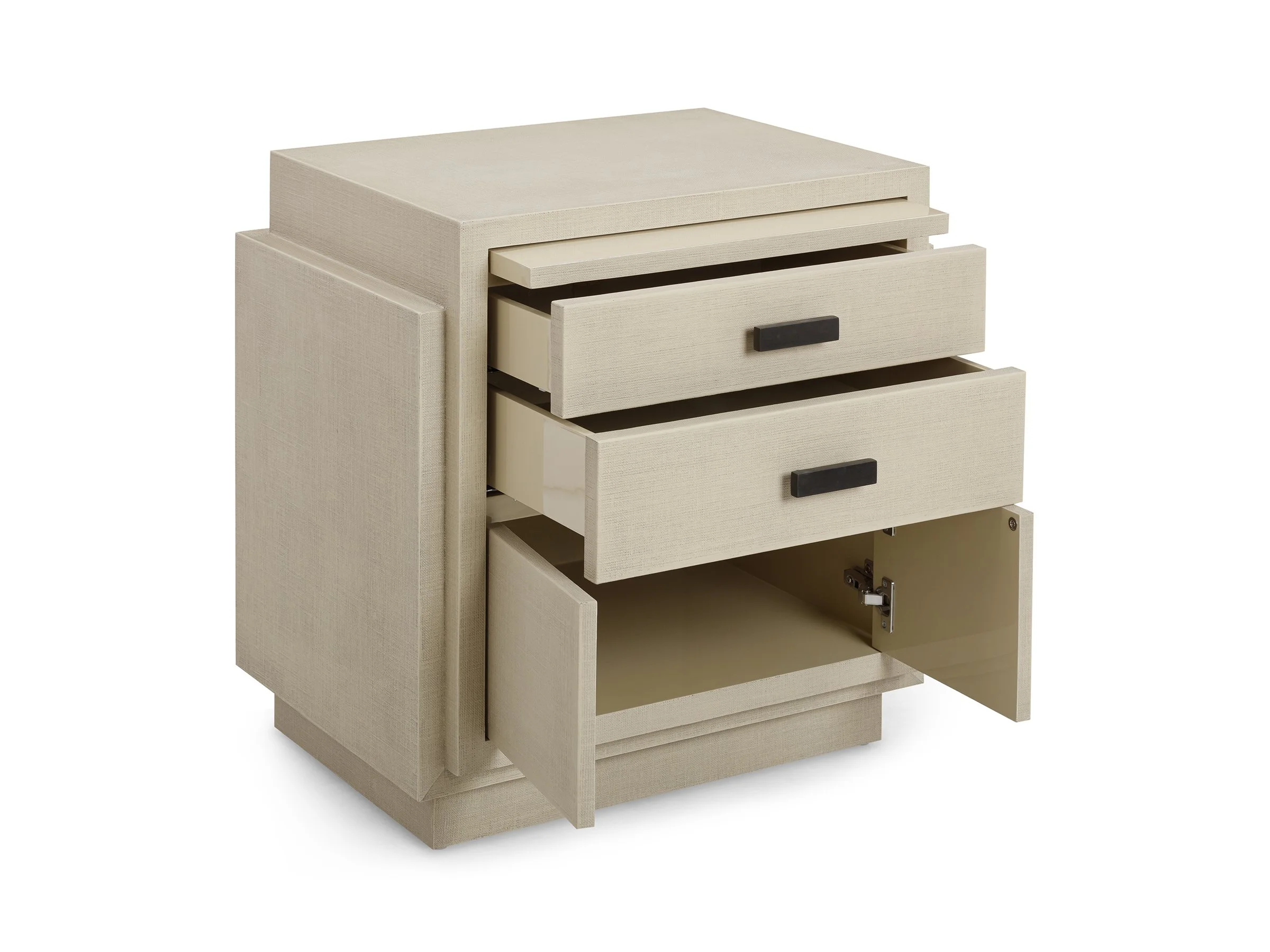 Angled view of Phillip Cabinet in Canvas Lacquered Linen with drawers and cabinet open..
