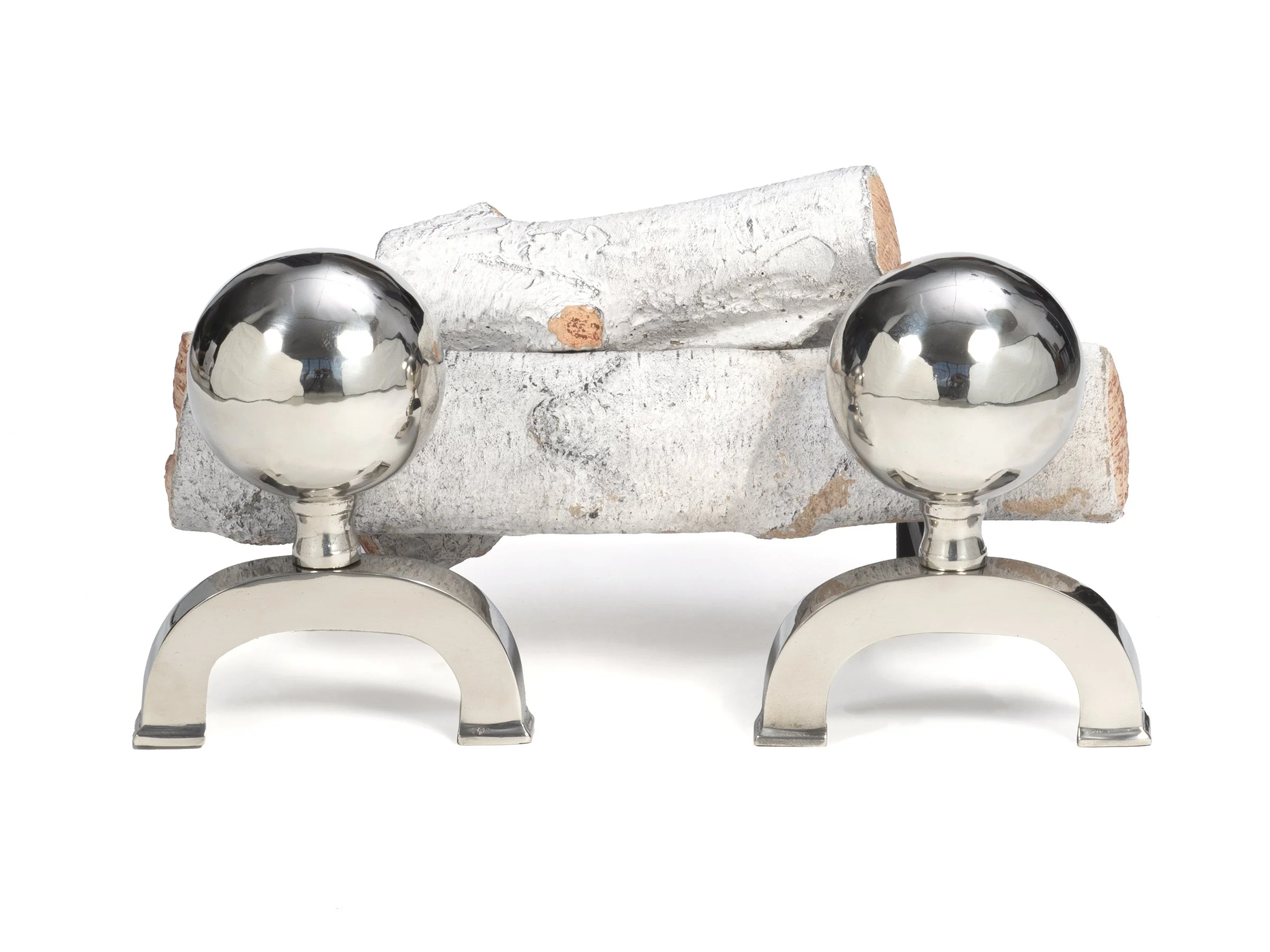 Front view of the Grant andiron in polished white bronze.