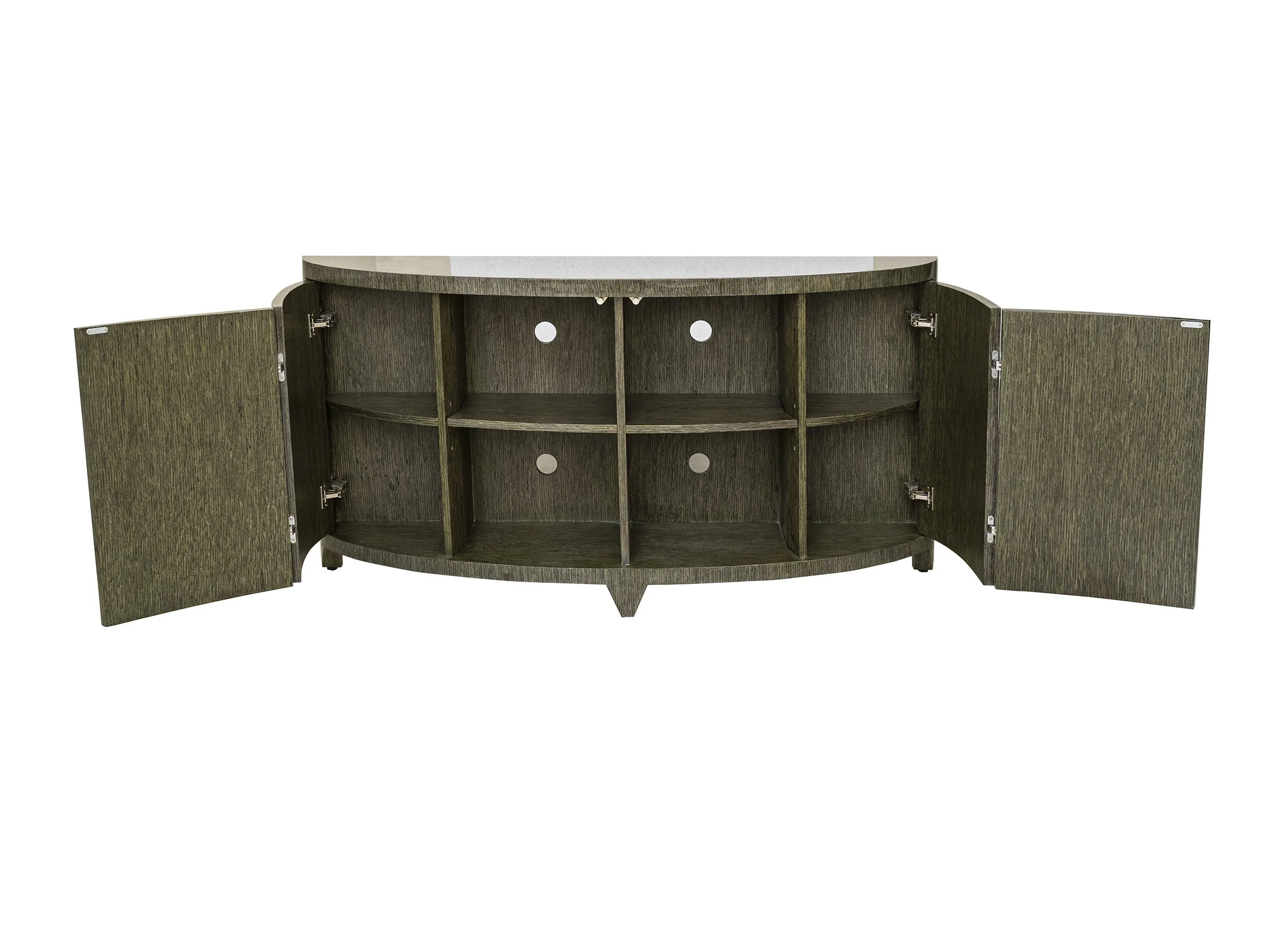 Front view of the Jane Console in grey zebrawood with demi-lune design-doors open.