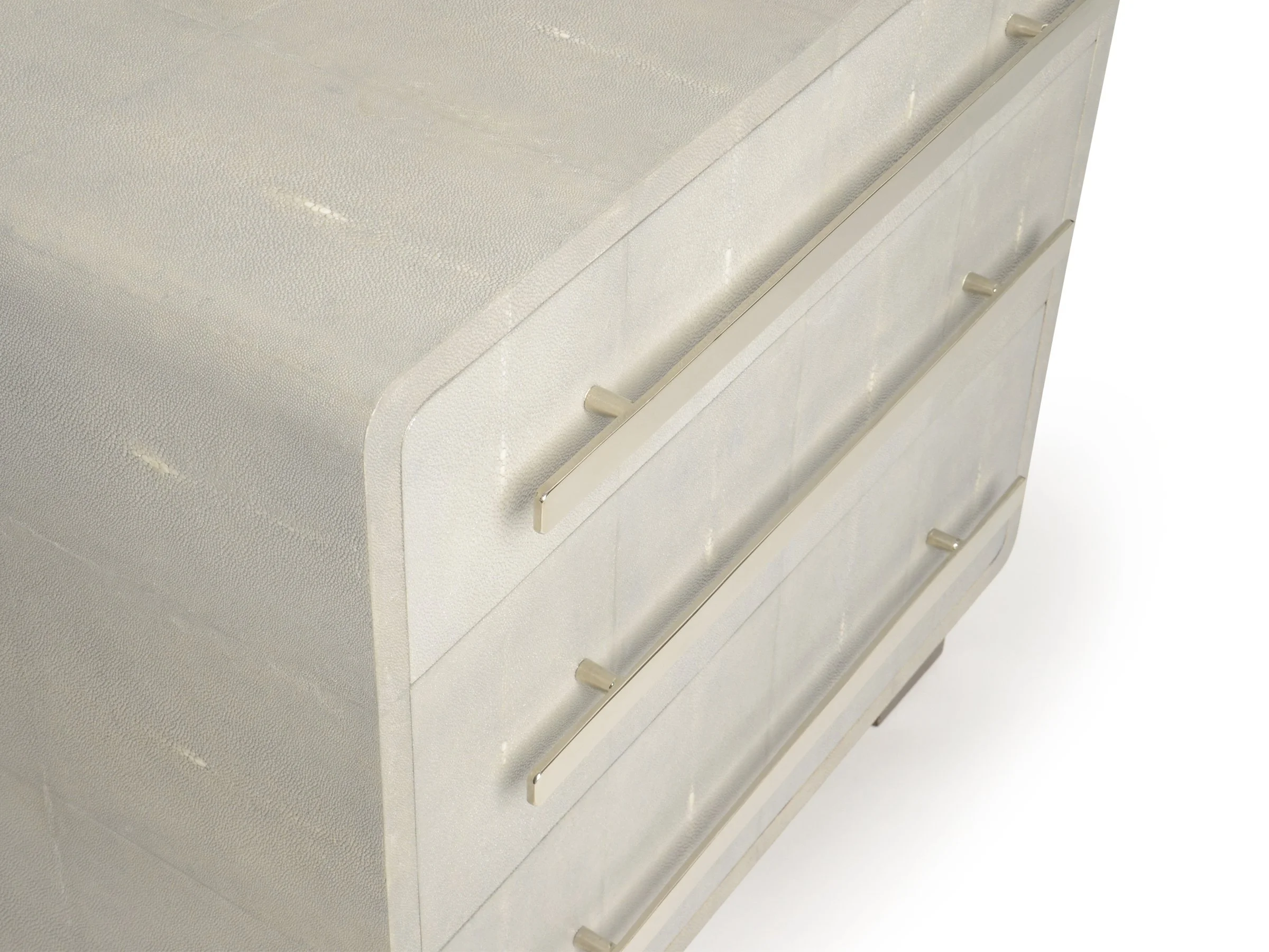 Glenn Stand in watergrey shagreen finish with bronze pulls, corner detail view