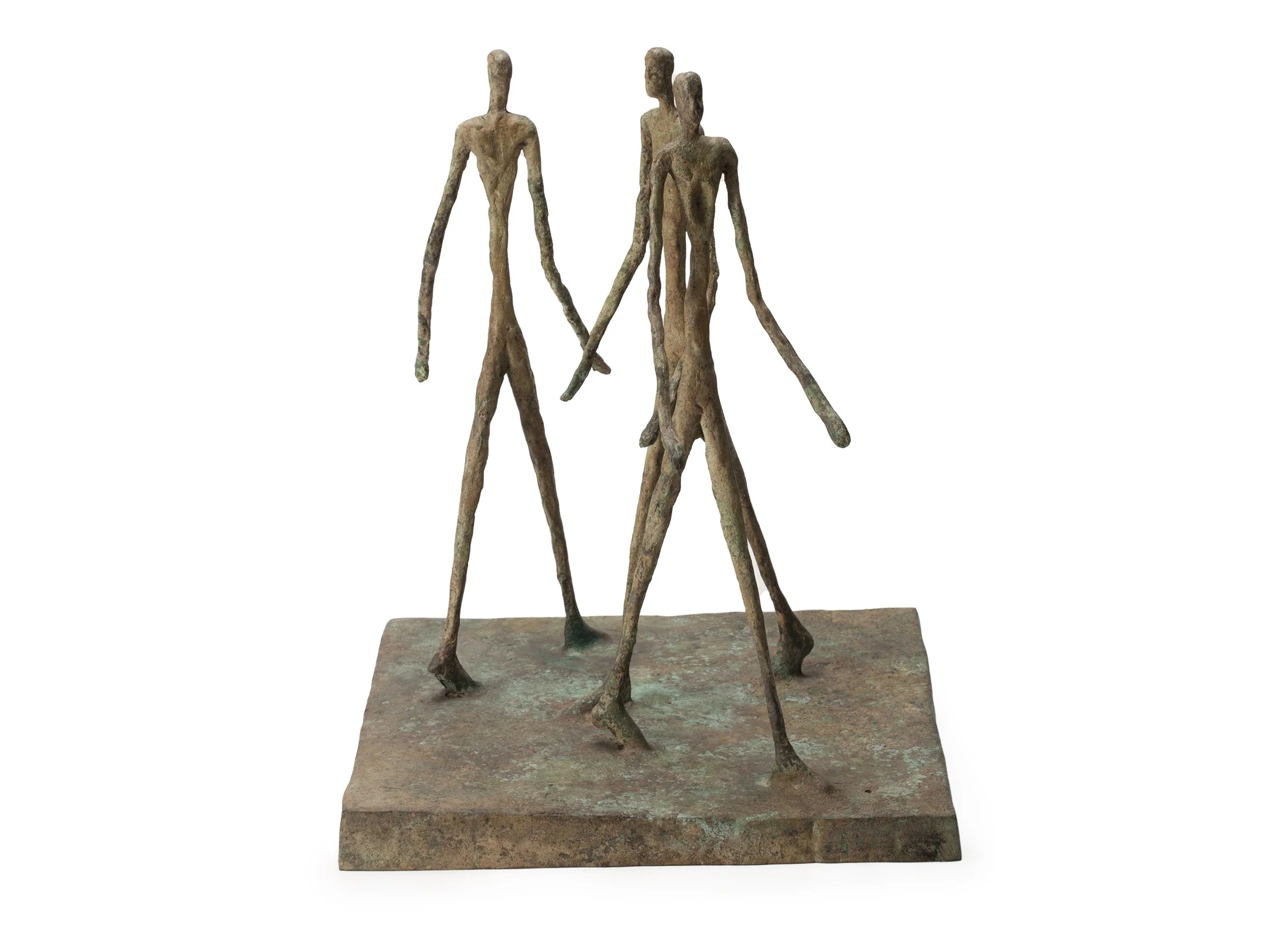 Angled view of The Strohl Sculpture showing rhythm of figures from side perspective.
