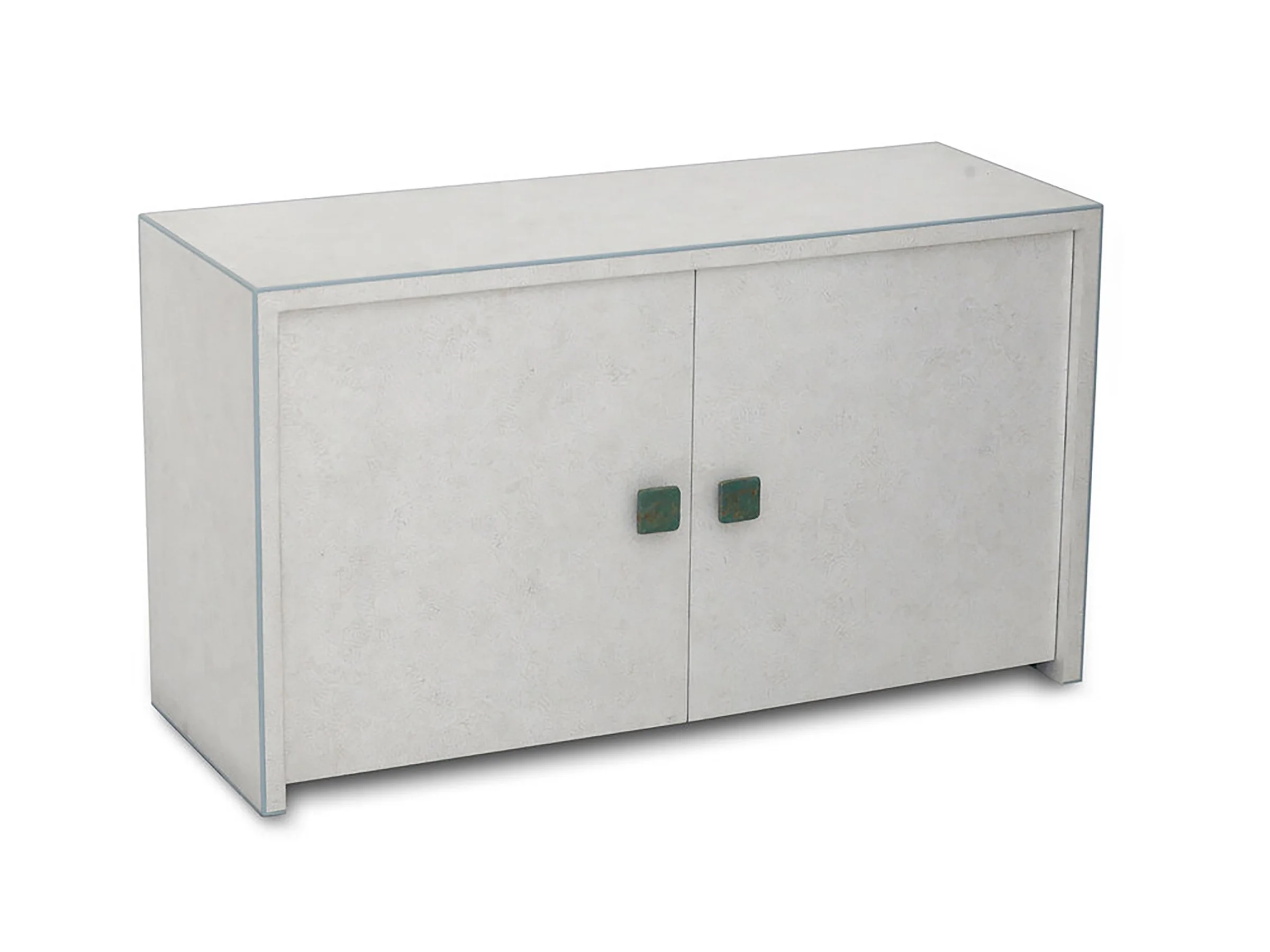 Liz Cabinet front view in White Snakeskin Eggshell Lacquer with bronze handles.
