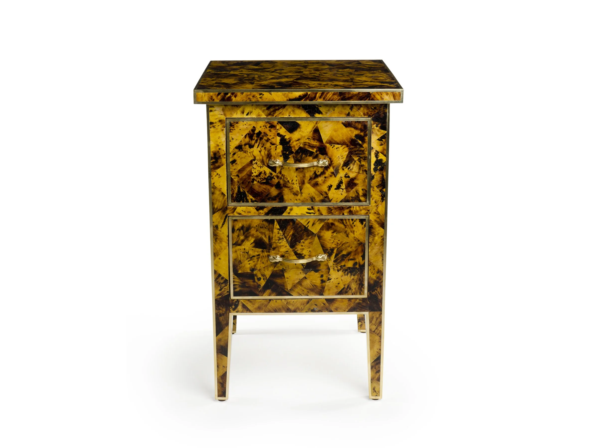 Front view of the Manor Cabinet in Amber Pen Shell with gold leaf trim, featuring two drawers