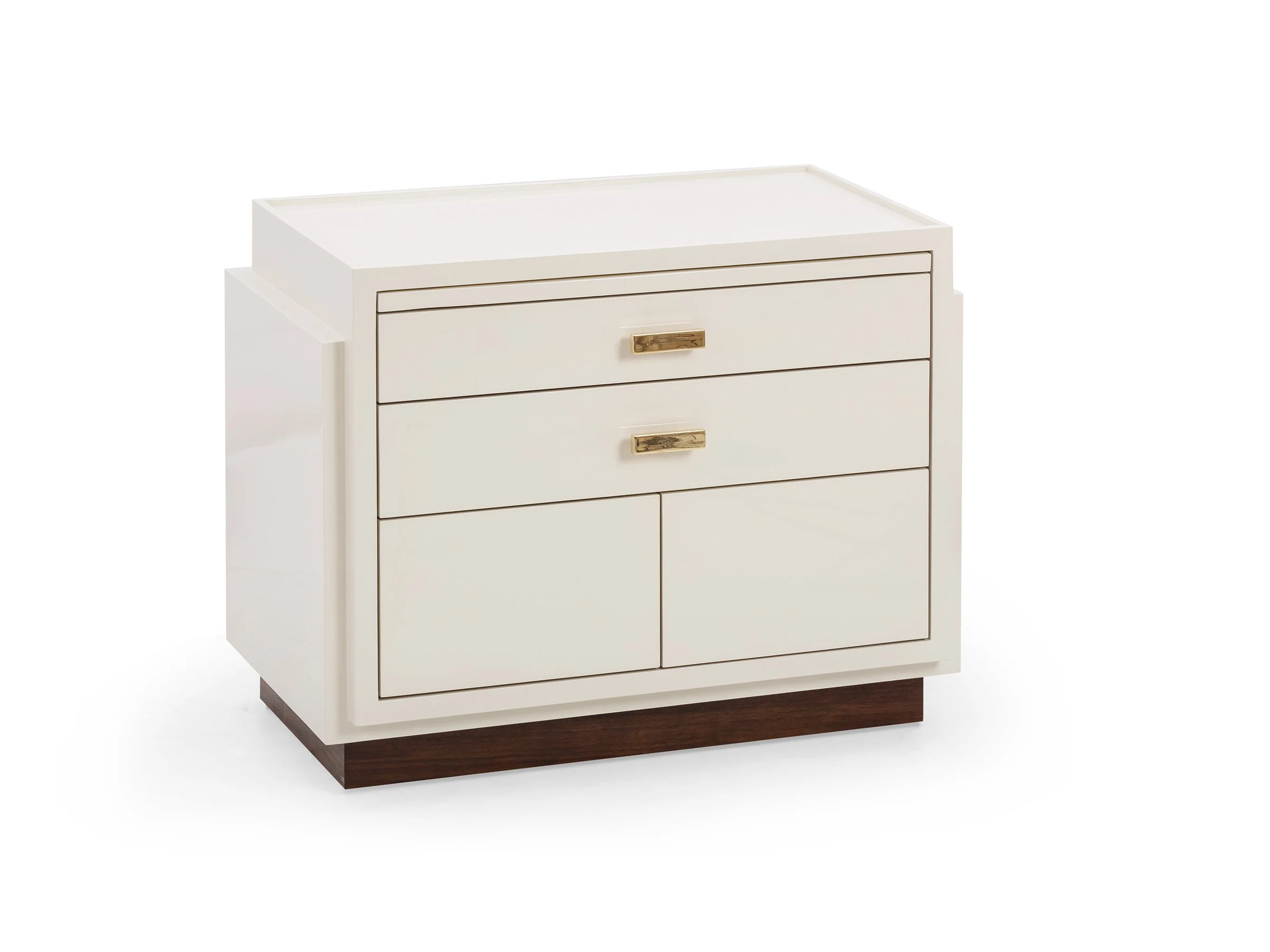 Angled view of Custom sized Phillip Cabinet in Moonshine Lacquer with Polished bronze Hardware.