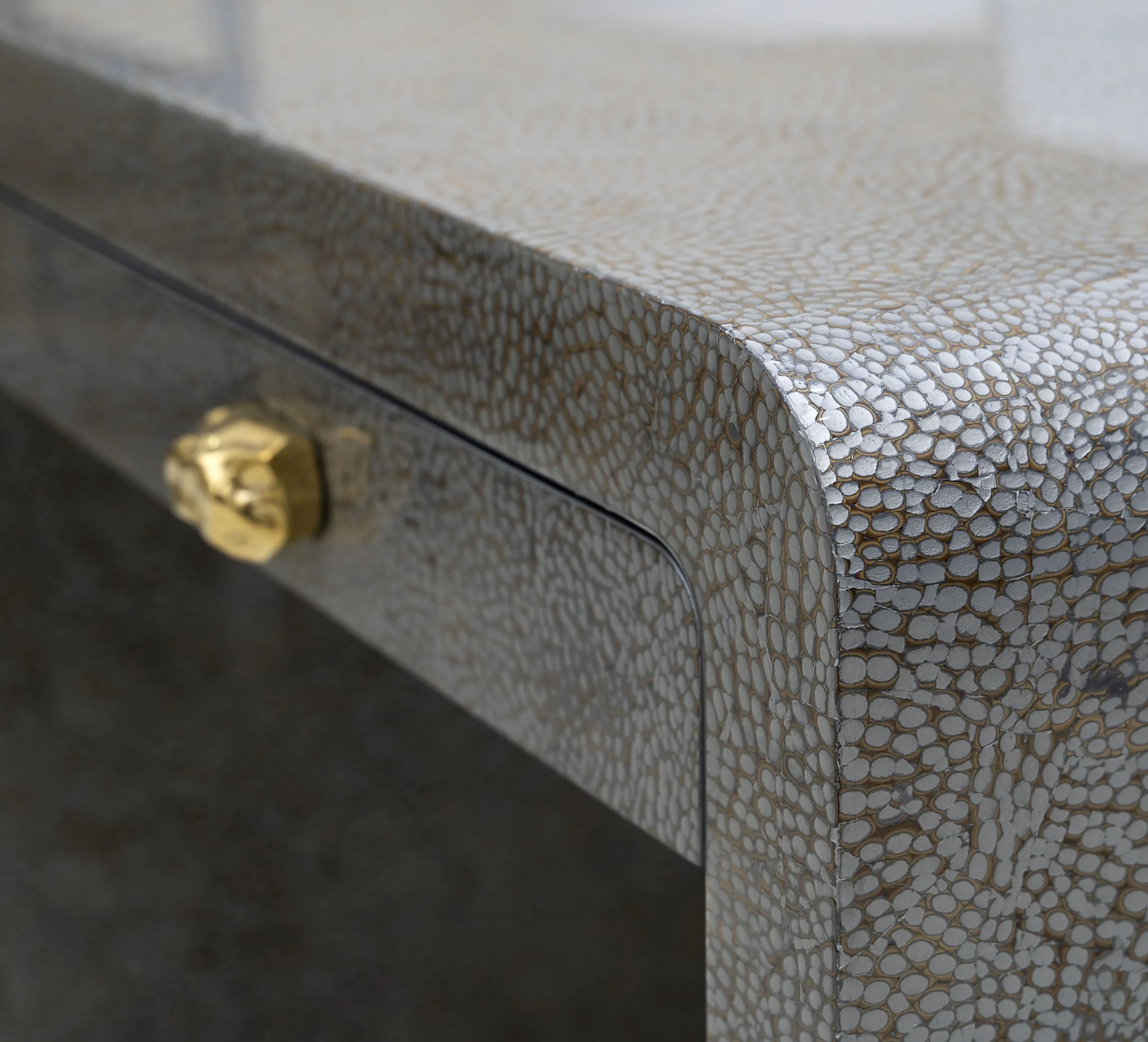 Close-up of drawer detail with brass pull and texture of silver snakeskin eggshell lacquer