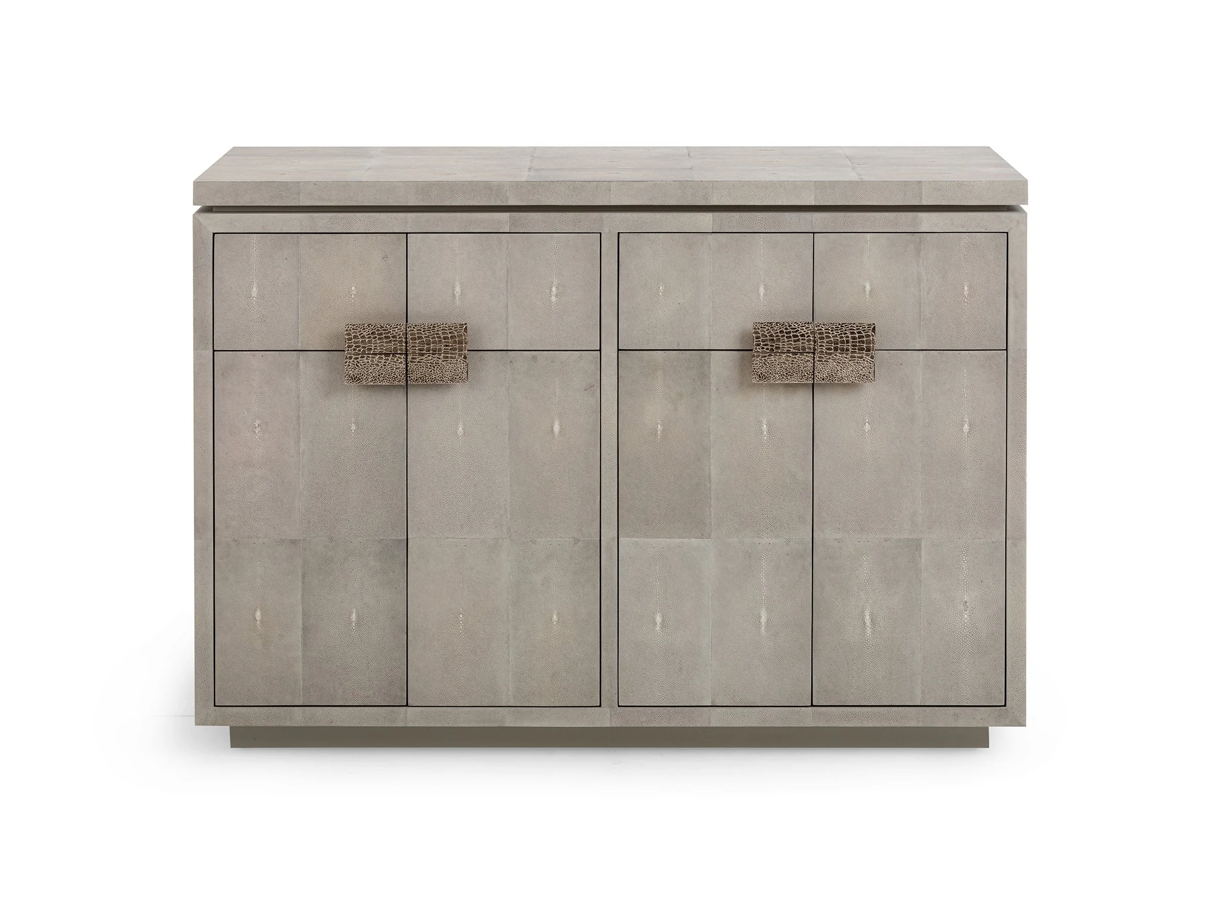 Elizabeth 4-door buffet in Watergrey Shagreen with polished bronze "alligator" pulls.