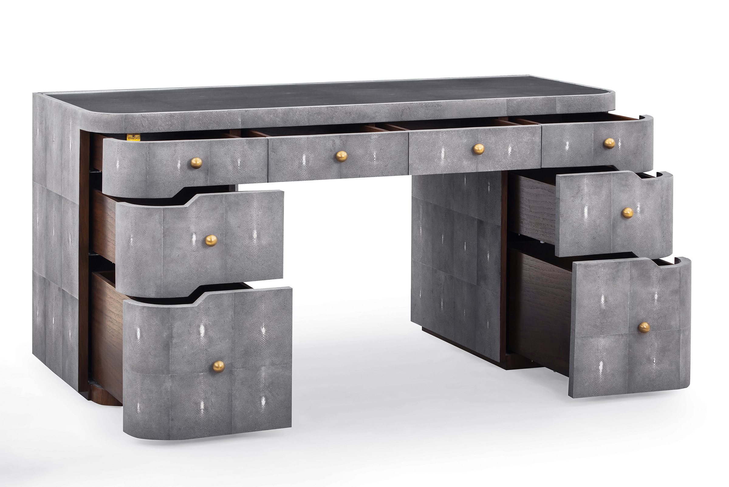 The Floating Vanity in Onyx Shagreen with optional glass top, showing drawers open.