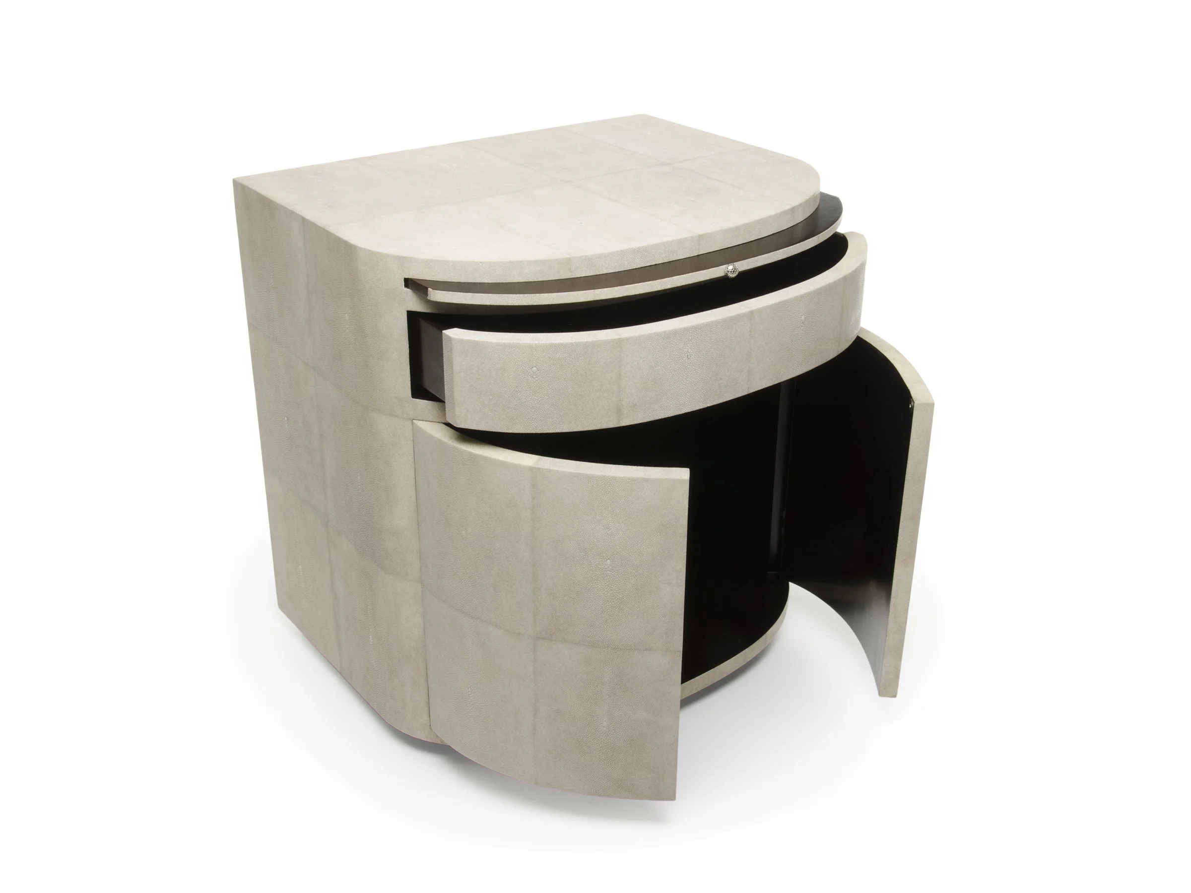The Rita Cabinet in Antique Shagreen, angled view with drawers and doors open.