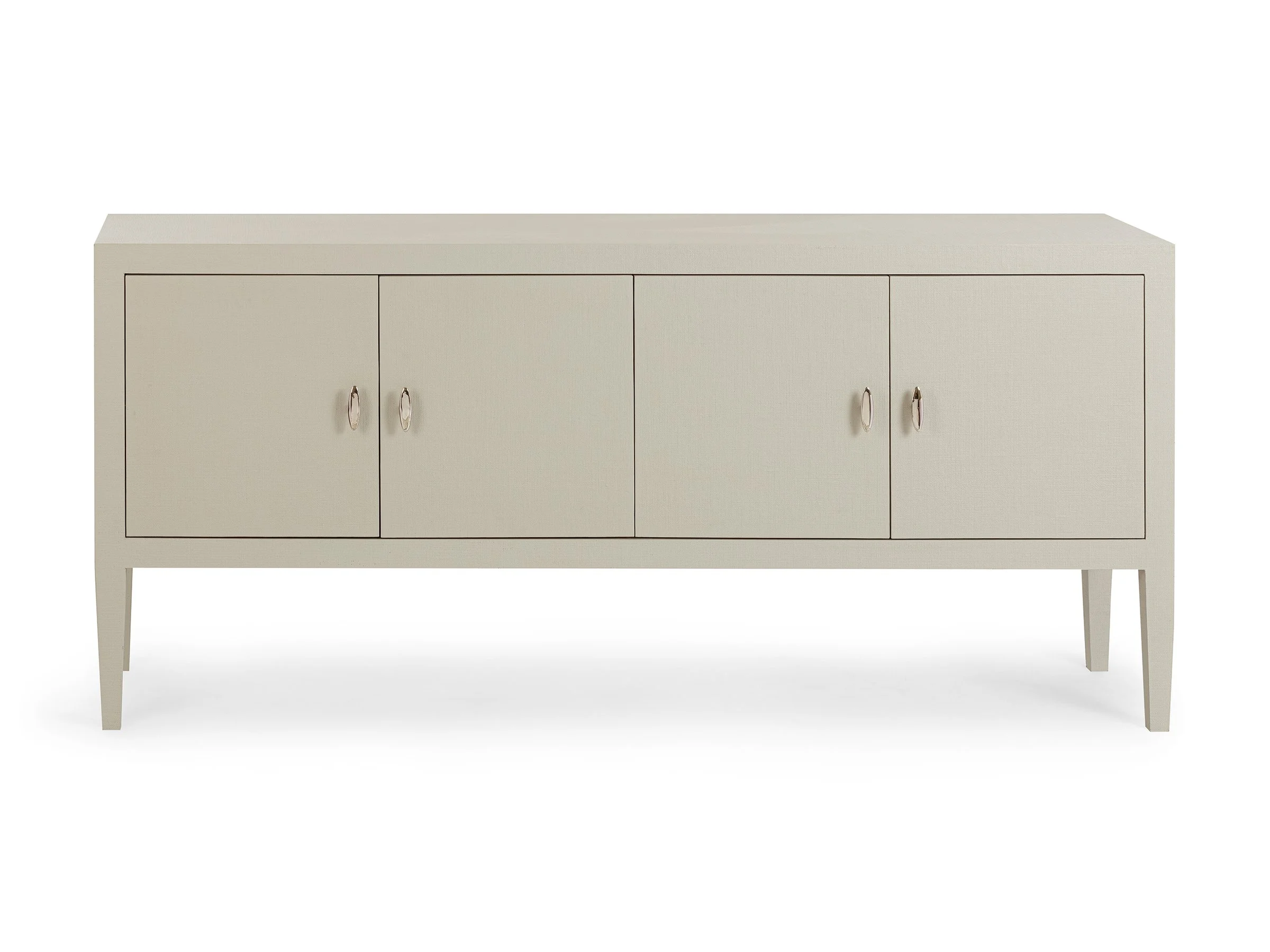 Front view of Matthew 4-Door Cabinet in Nimbus Lacquered Linen with minimalist hardware