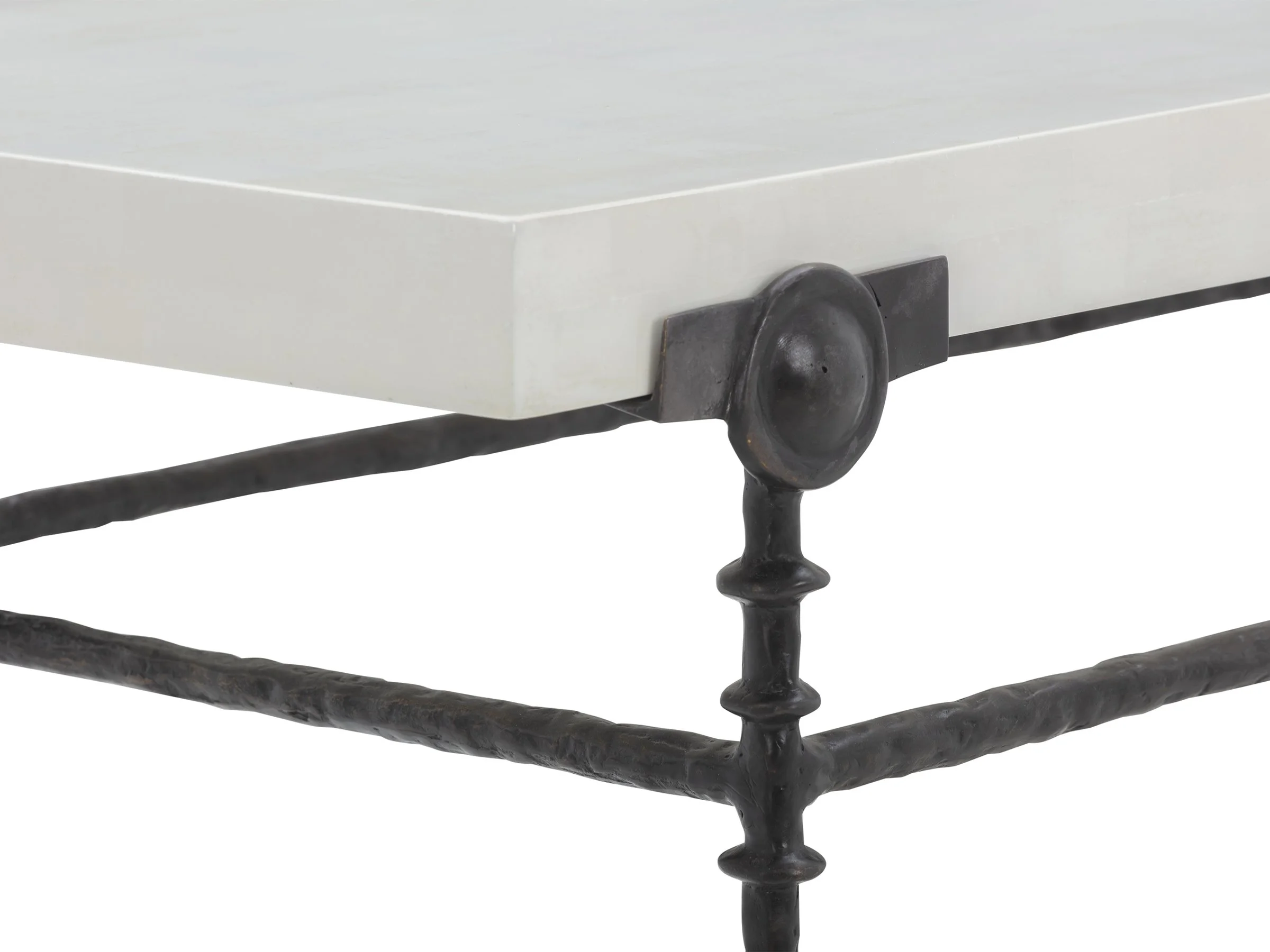 Lafoe Console shown in architectural brown bronze base with White Brushed Eggshell Lacquer top, detail view