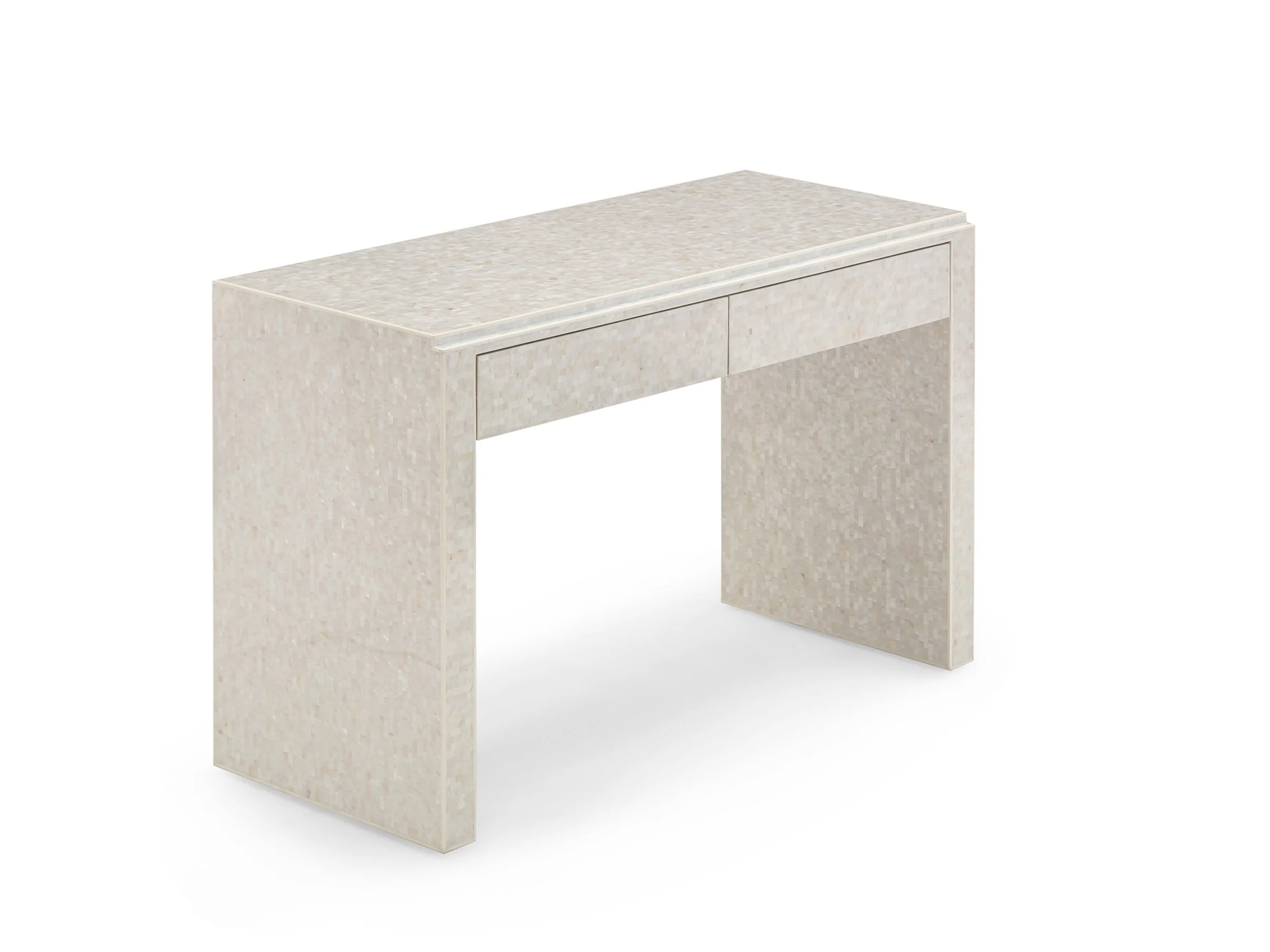 Albert Desk in white mother of pearl finish with two drawers.