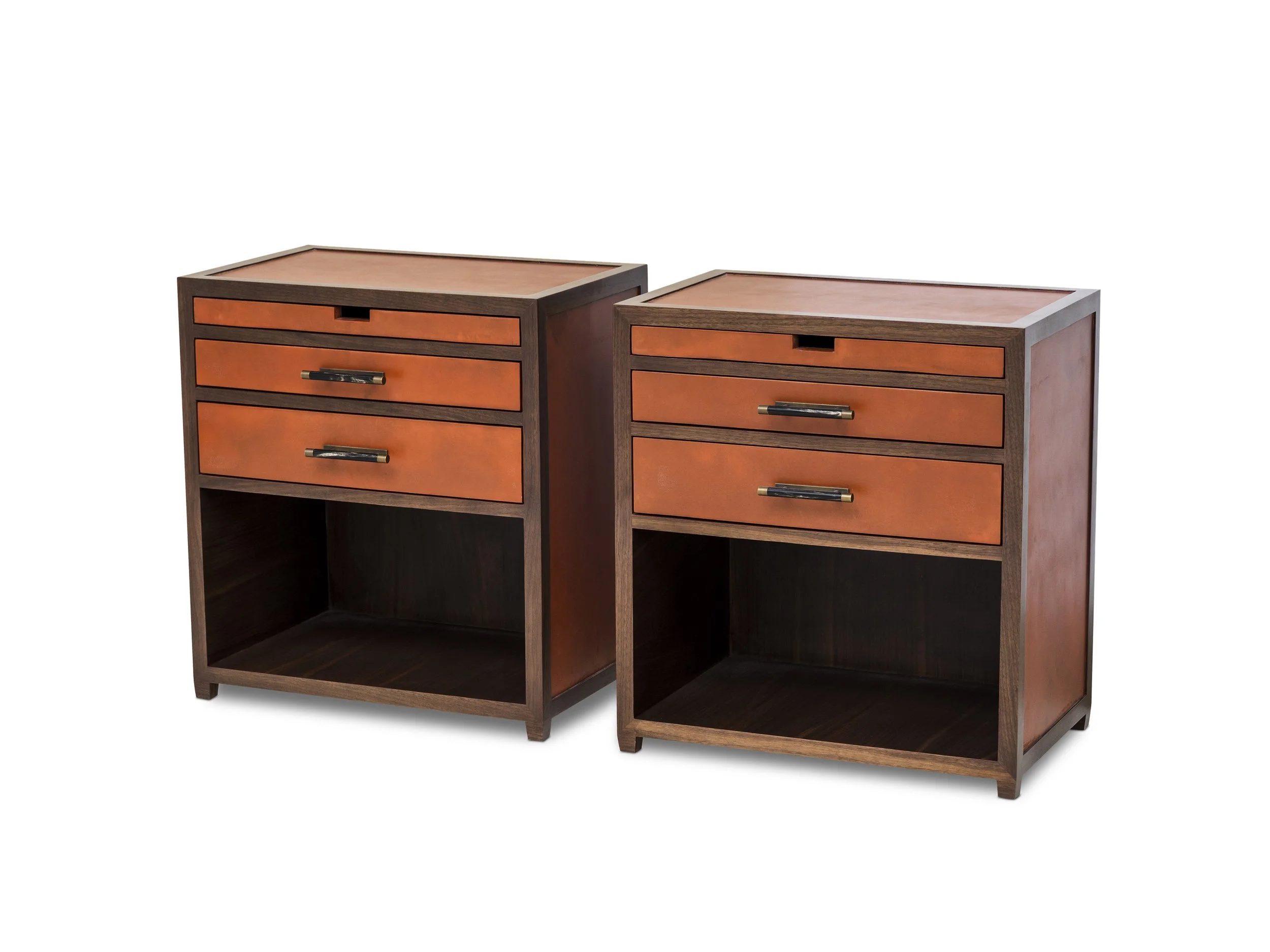 Pair of Zelda Nightstands in Tobacco parchment and walnut finish.