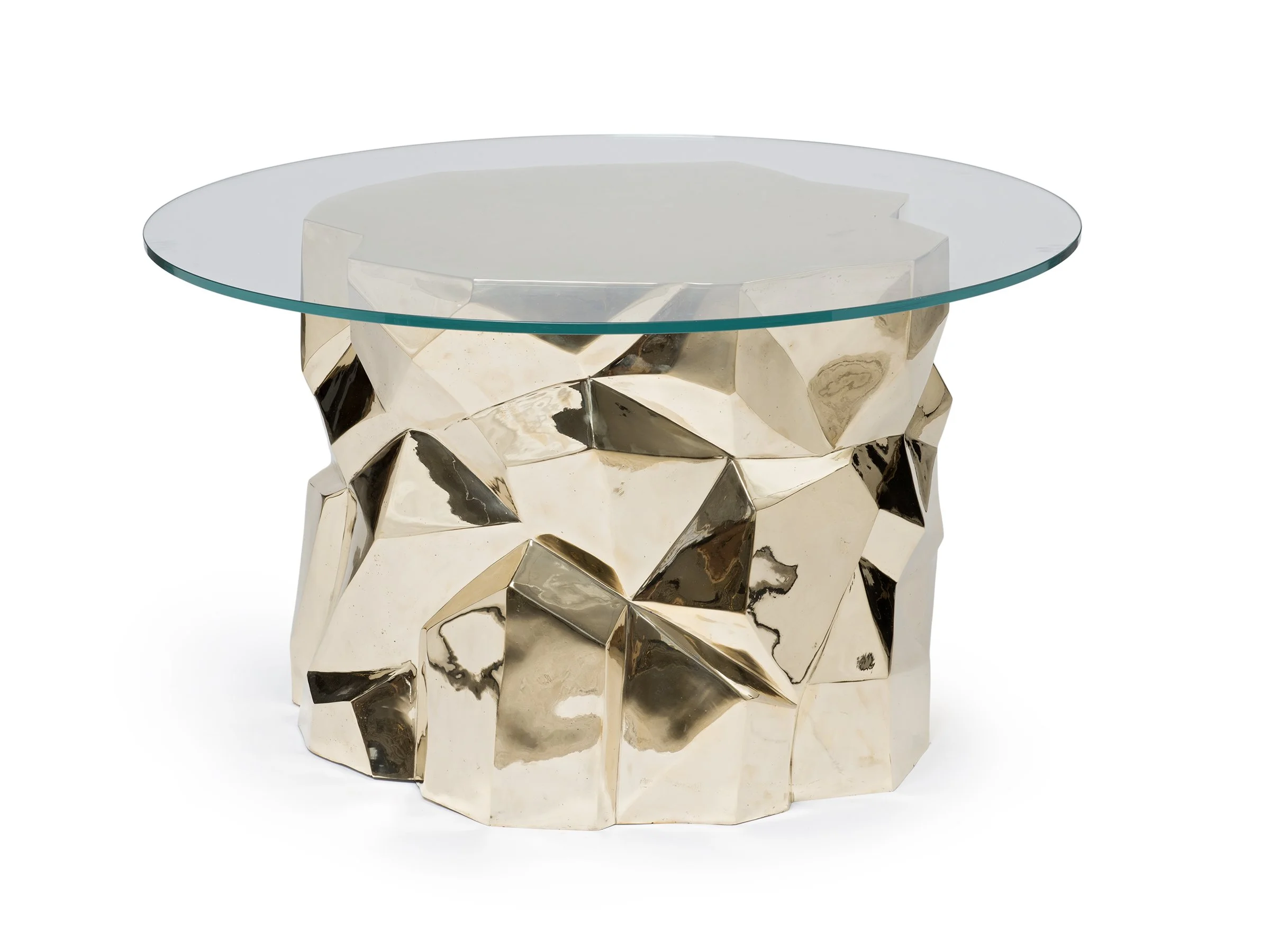 Full view of the Facet Dining Table with round glass top and faceted bronze base