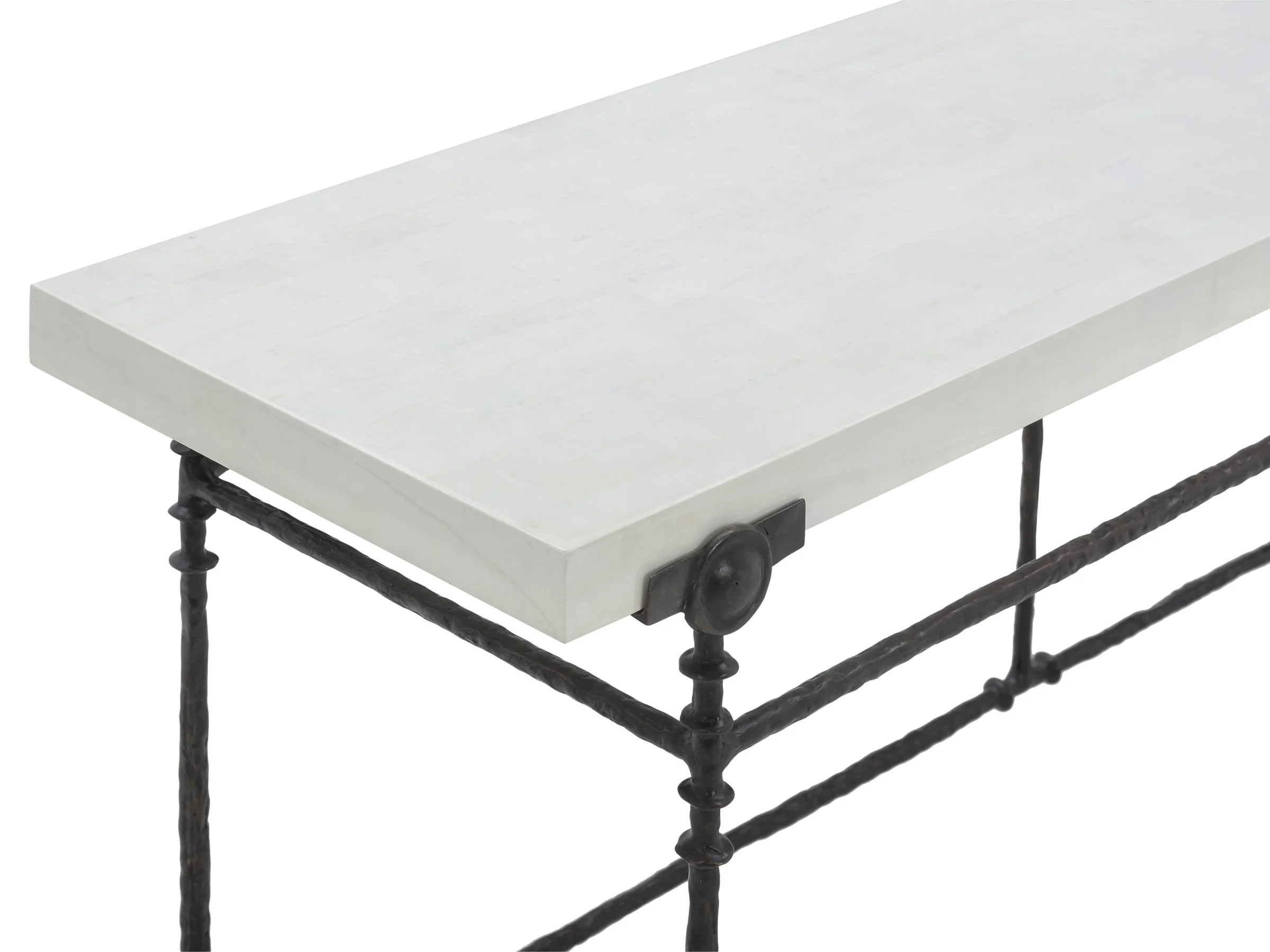 Lafoe Console shown in architectural brown bronze base with White Brushed Eggshell Lacquer top, detail view