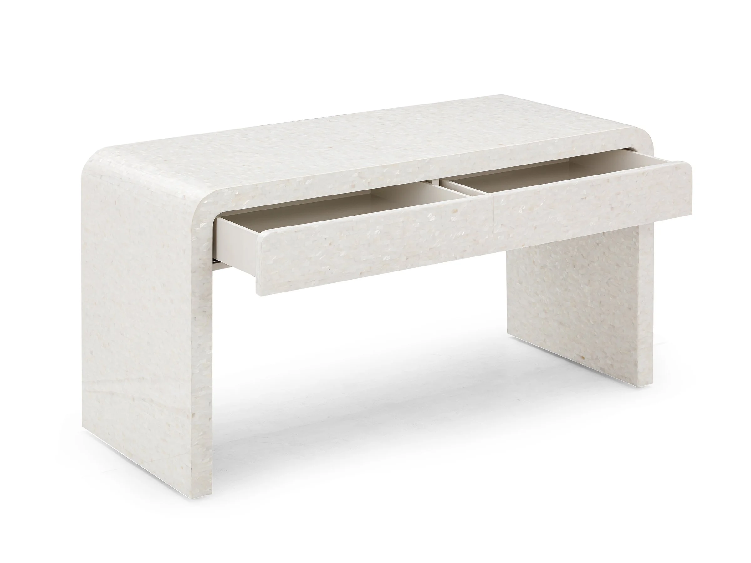 Angled view of Horizon Desk in White Mother-of-Pearl with drawers open.