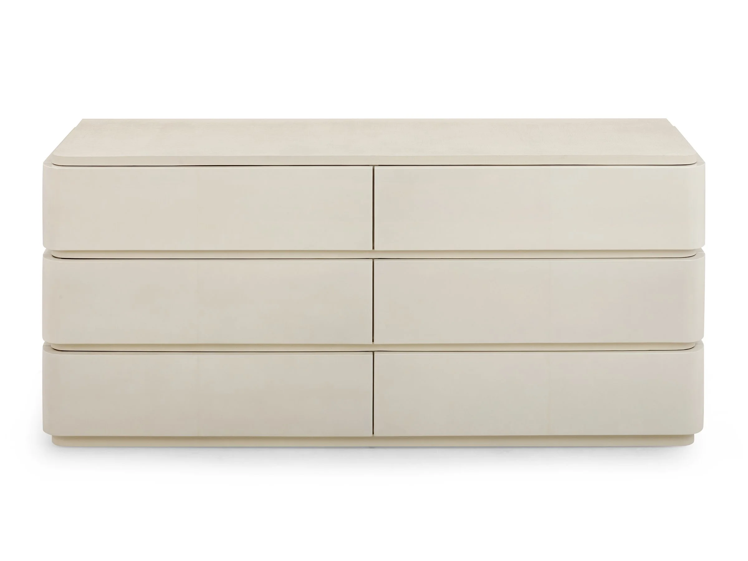 Mid Century Dresser – six drawers in shoreline lacquered linen, front view