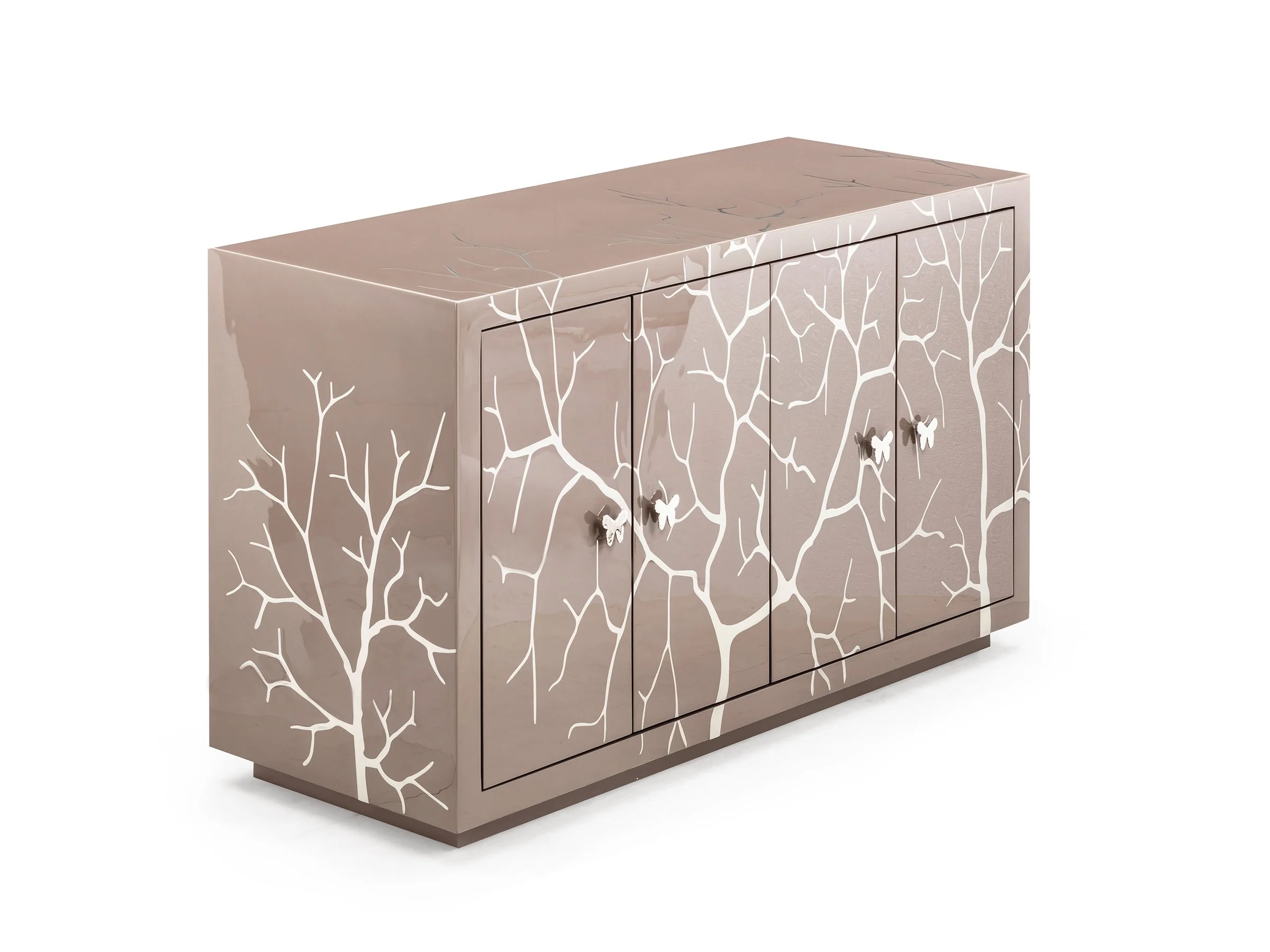 Faux Bois Cabinet in espresso lacquer with inlaid polished bronze branches and butterfly pulls.