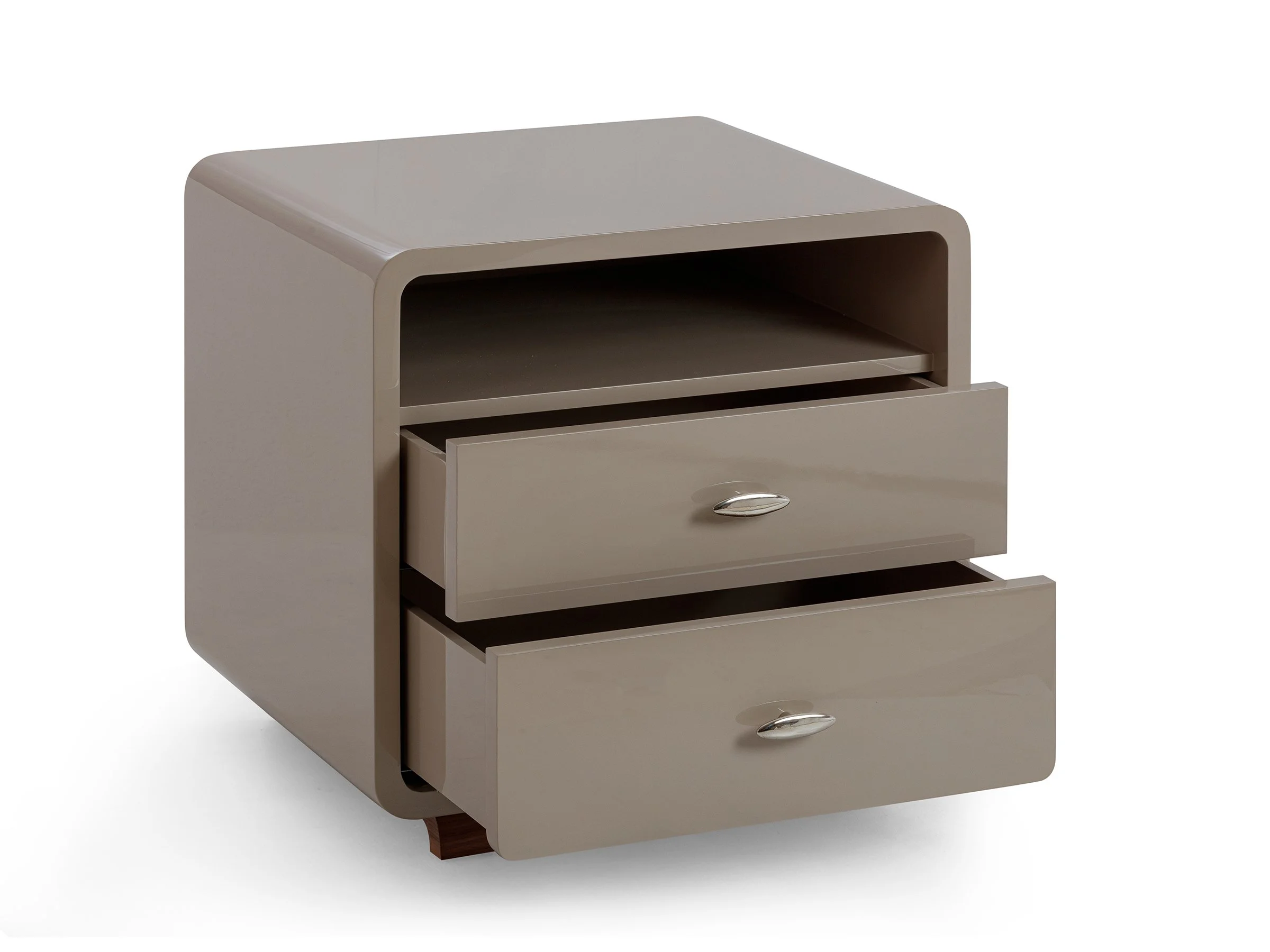 Angle view of the Glenda Nightstand in Cavern Lacquer with drawers open