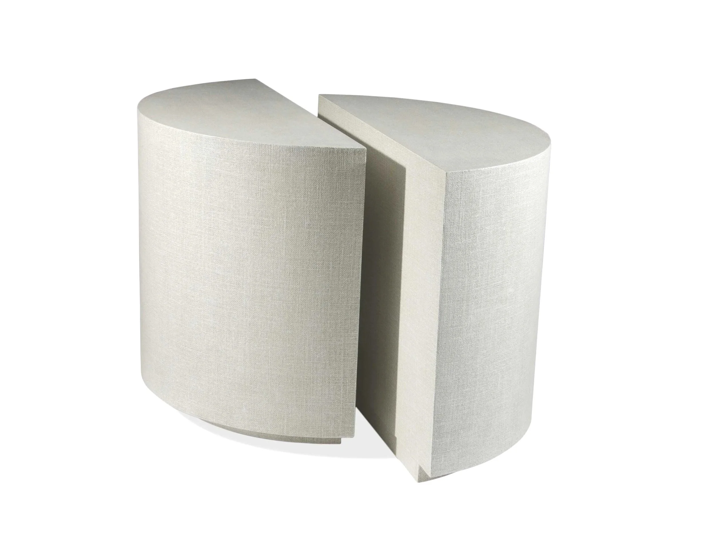 Pair of Demi-Lune Side Tables shown in talc lacquered linen, forming a full round table