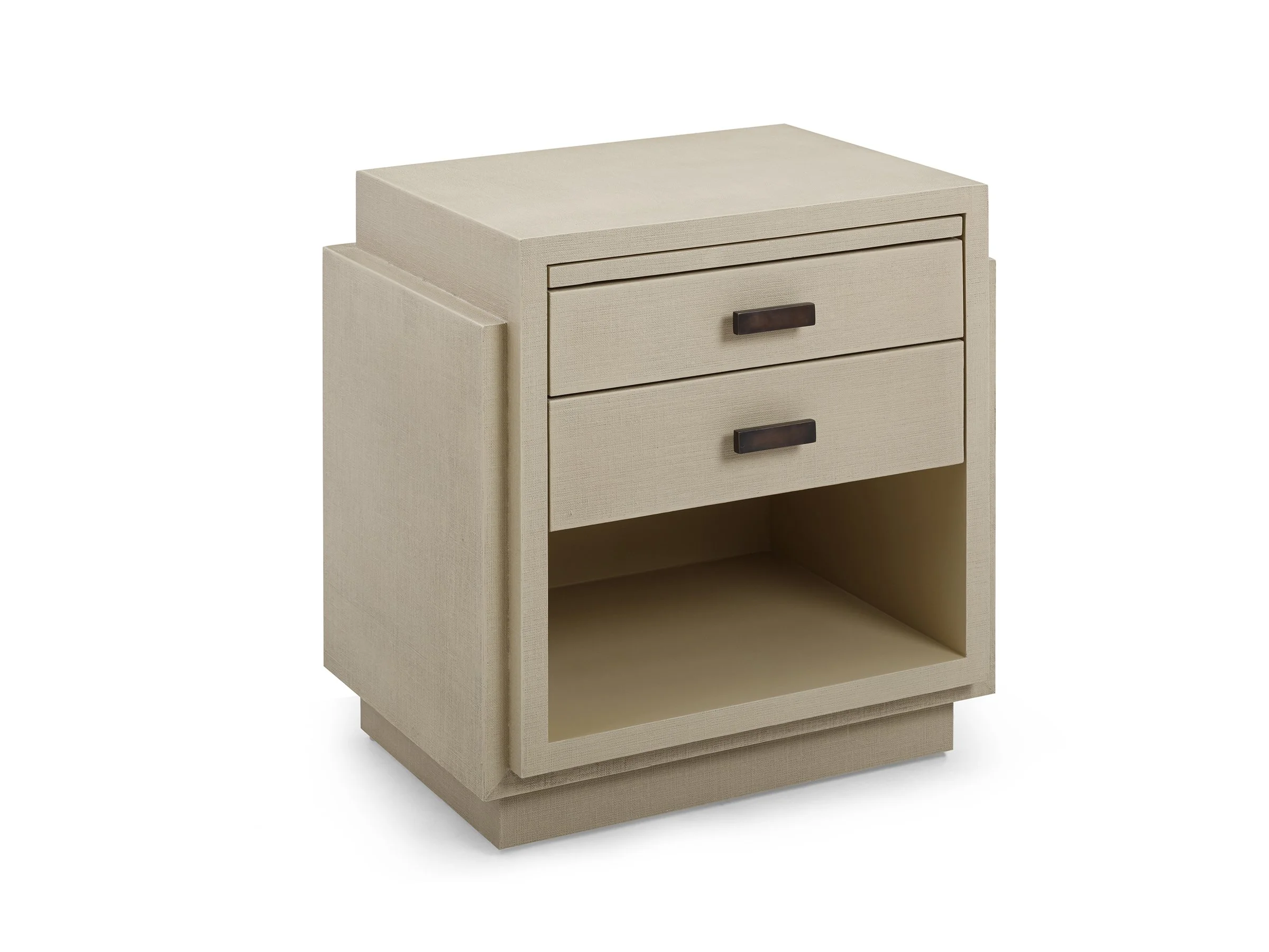 Angled view of The Phillip Stand in canvas Lacquered Linen with two drawers and an open shelf