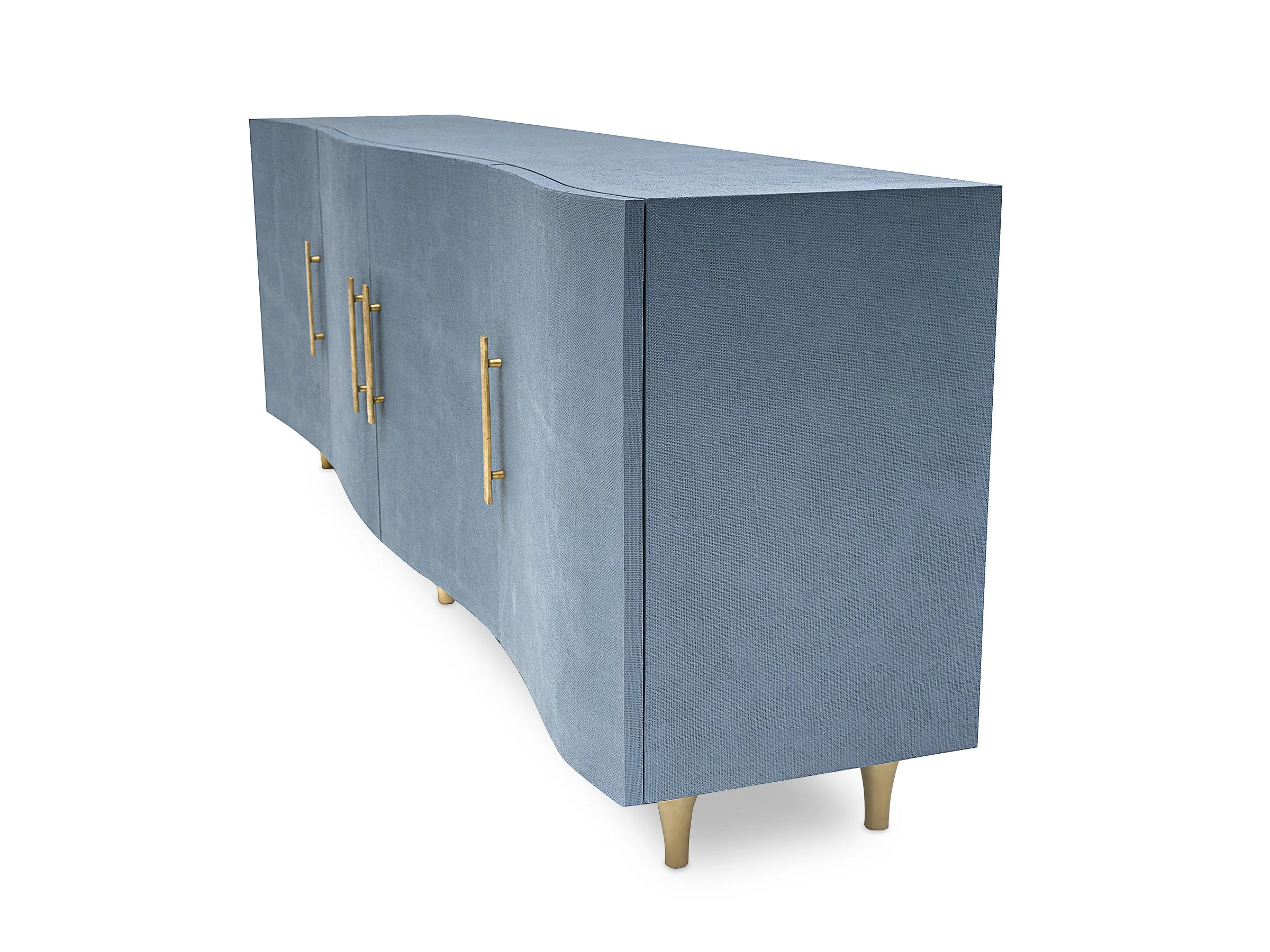 Angled view of the New Wave Cabinet in Lagoon lacquered linen with antique bronze hardware and feet.