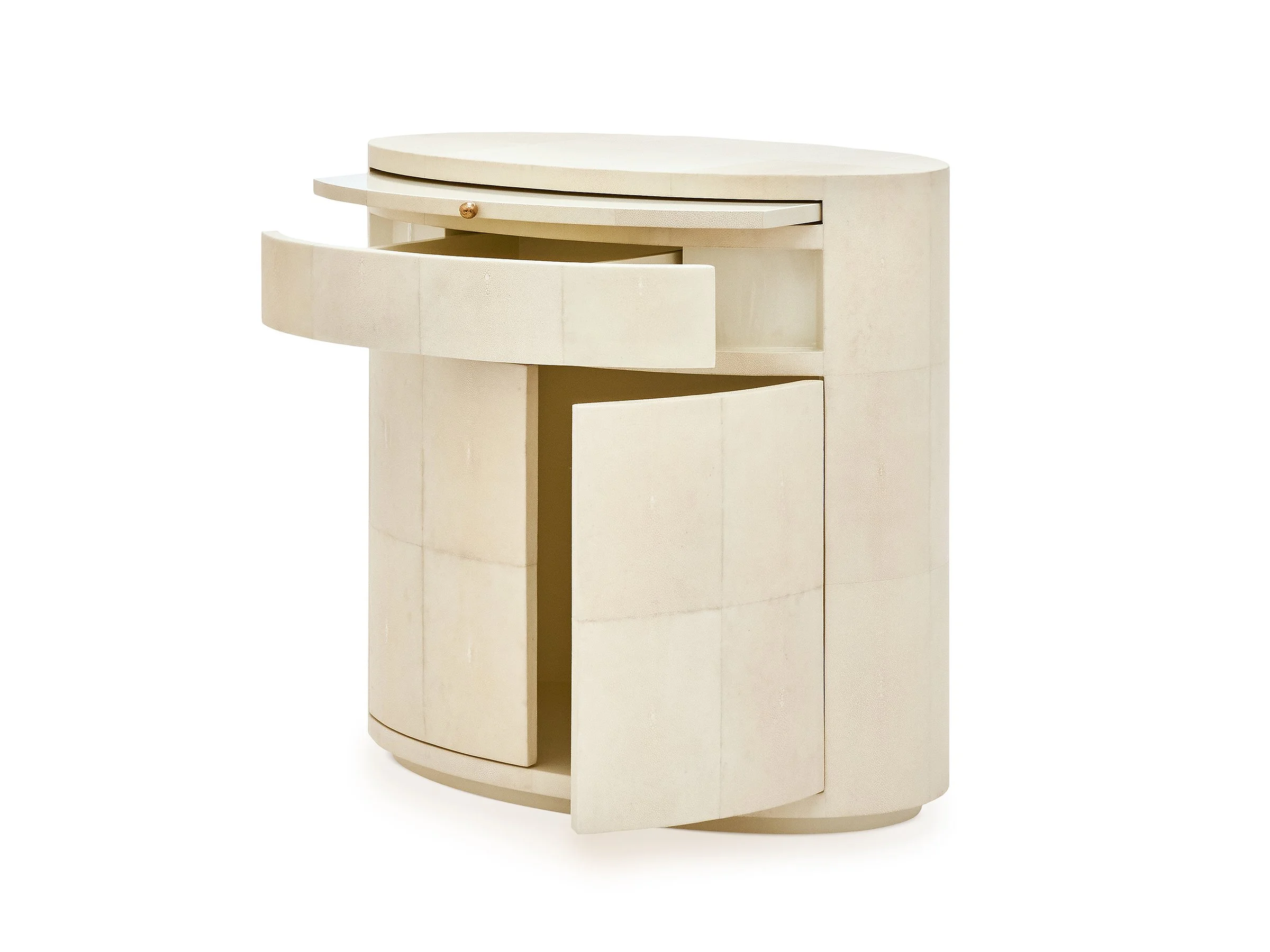 Betty Cabinet shown with drawer and doors open, revealing interior storage