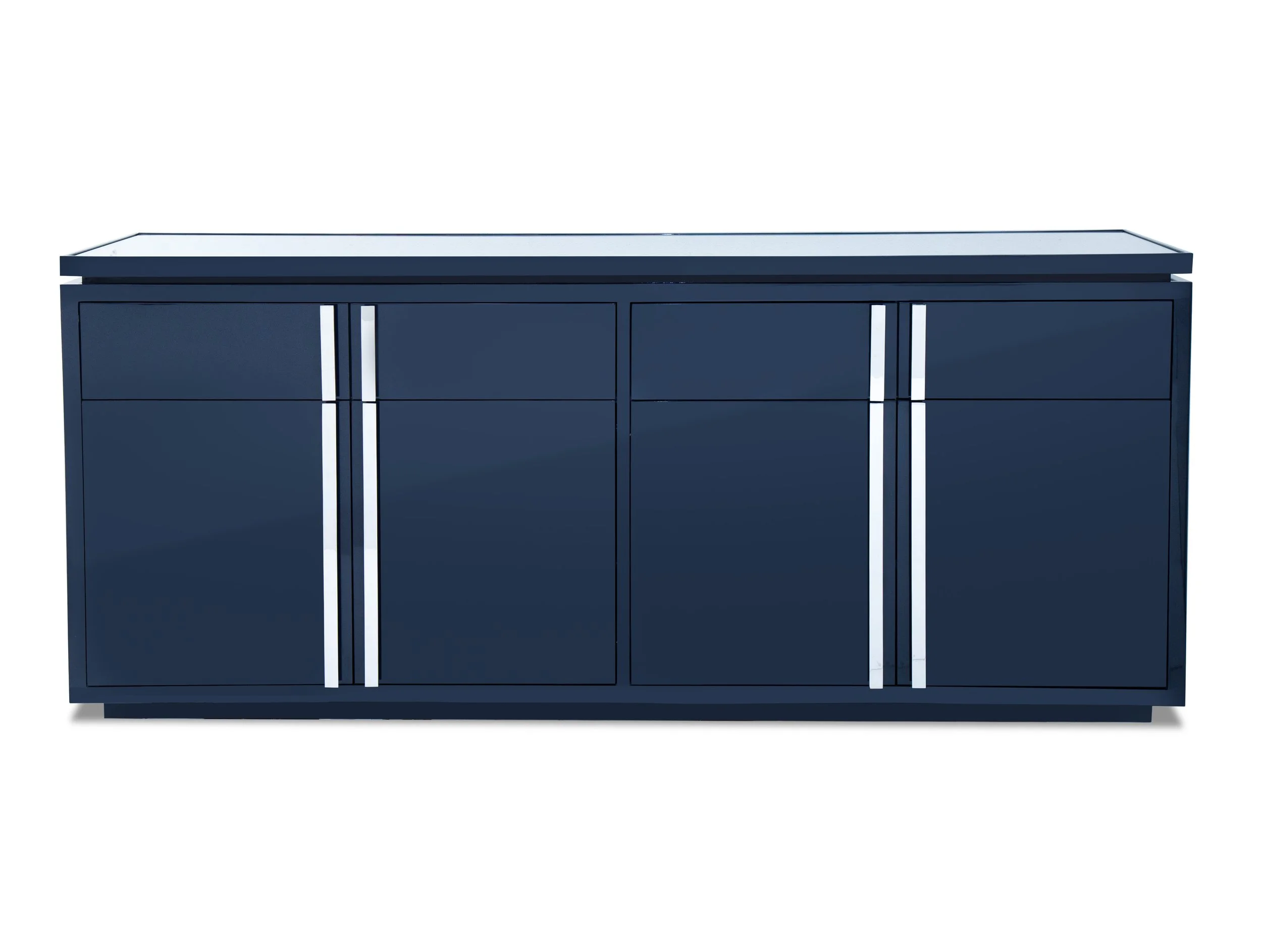 The Joseph Cabinet in navy lacquer with polished white bronze pulls – closed front view