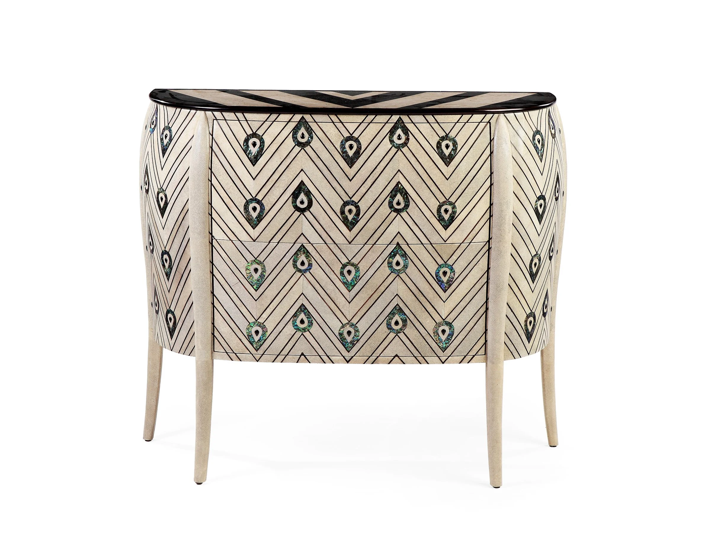 Front view of The Royal Chest in Antique Shagreen with Ebony trim and Abalone inlays