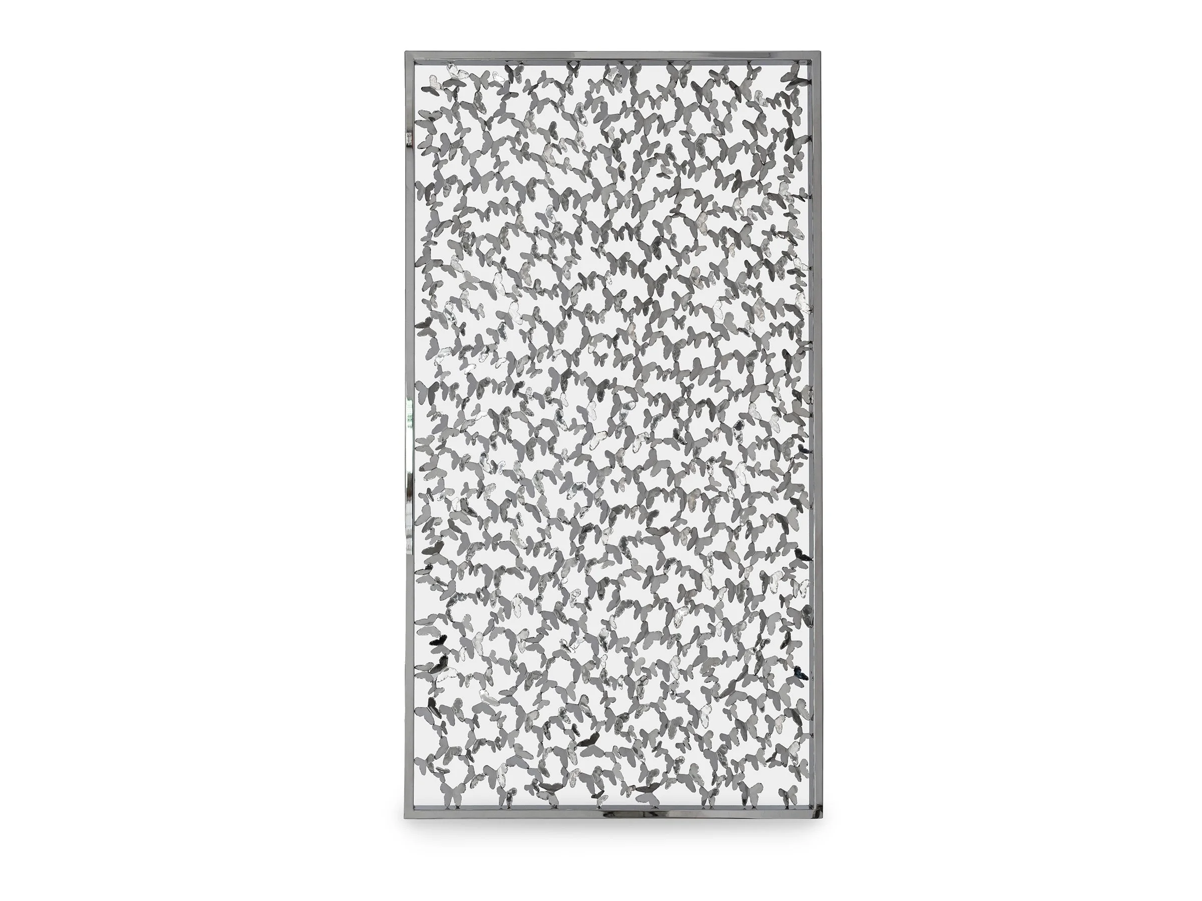 Butterfly Room Screen with polished stainless steel butterflies in full view.