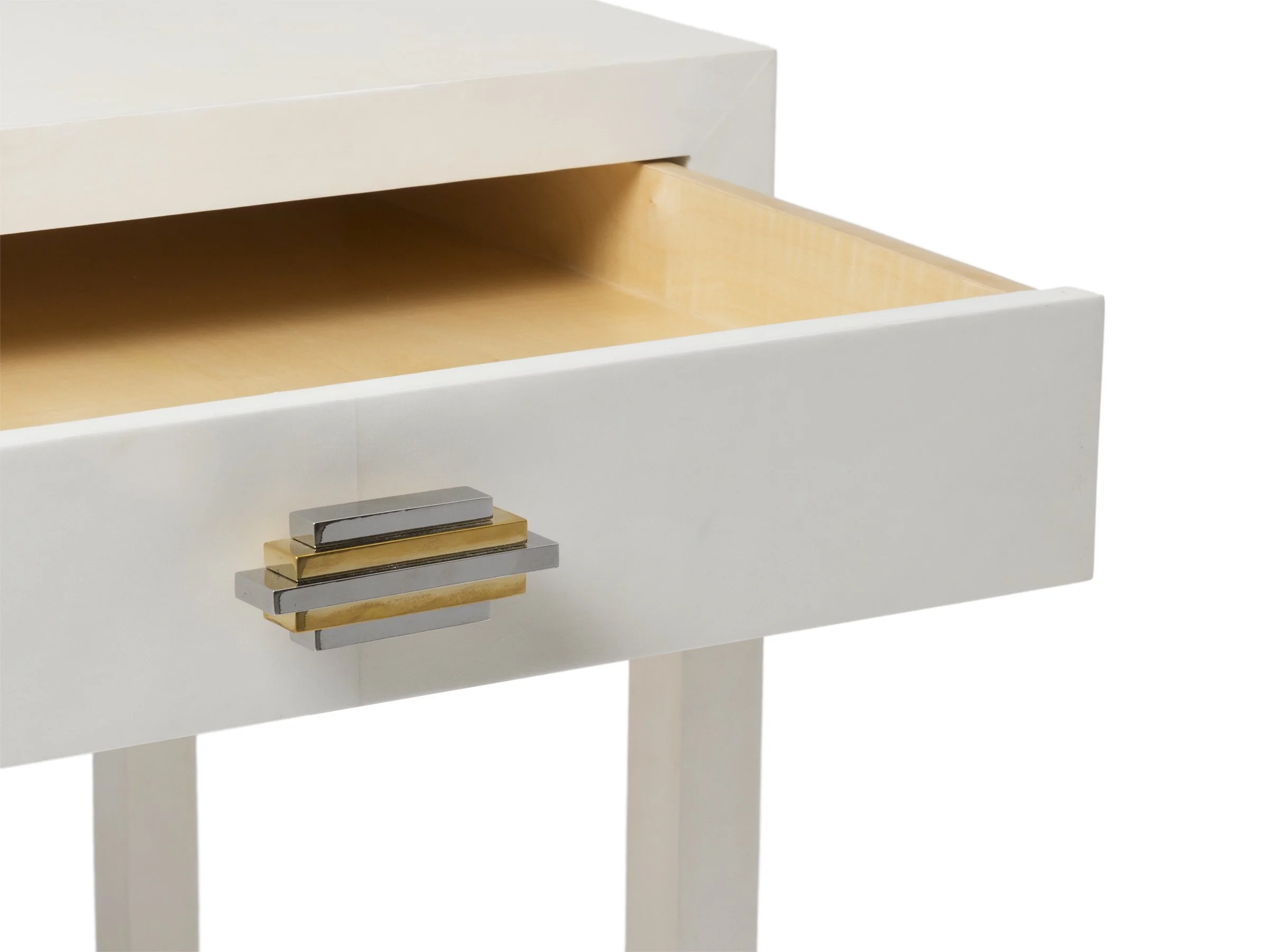 Century Stand drawer open showing two-toned bronze “Century” handle – detail view