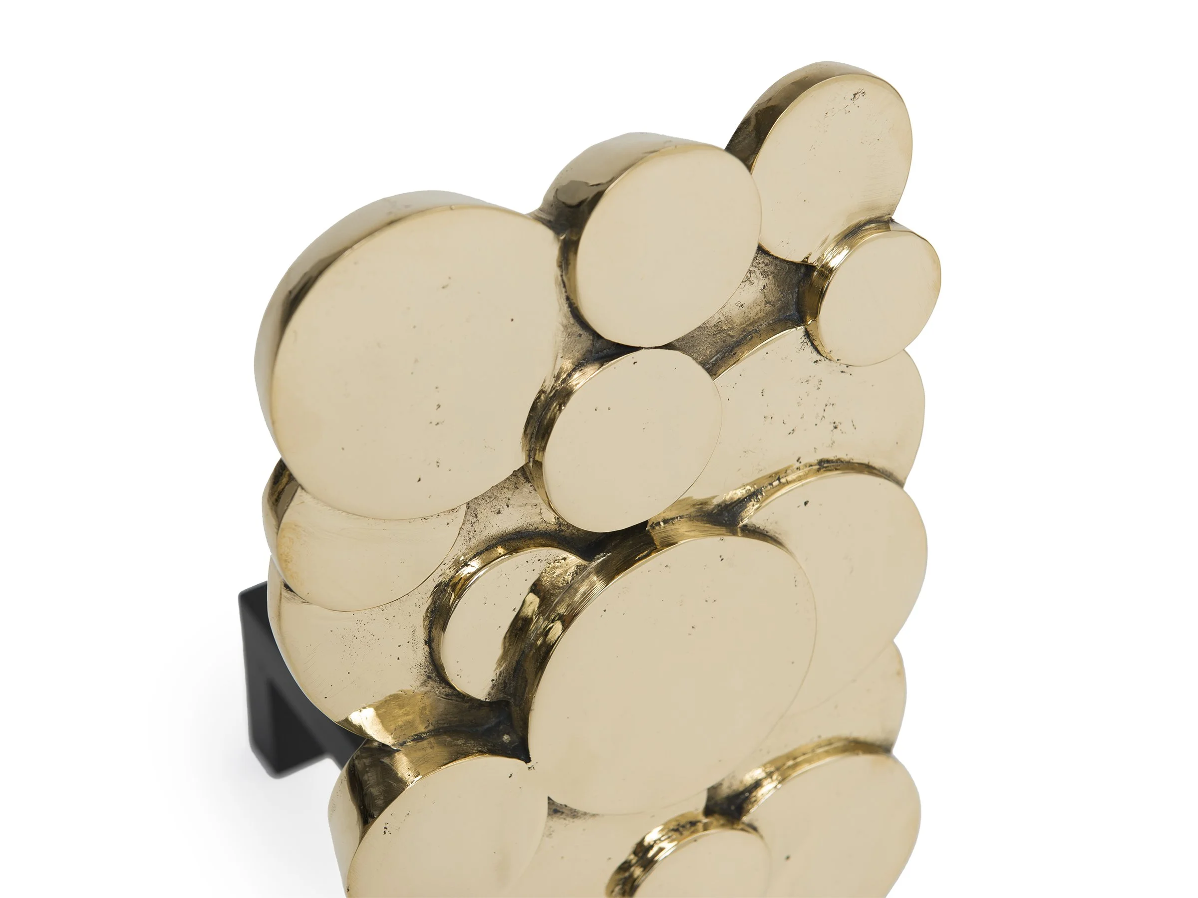Alexandra Andirons in large scale, detail of overlapping bronze discs