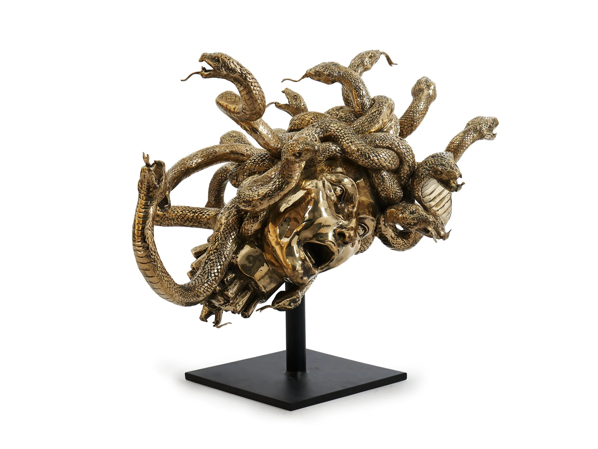 Angled view of Medusa Sculpture showing the expressive serpentine movement and open-mouthed expression.