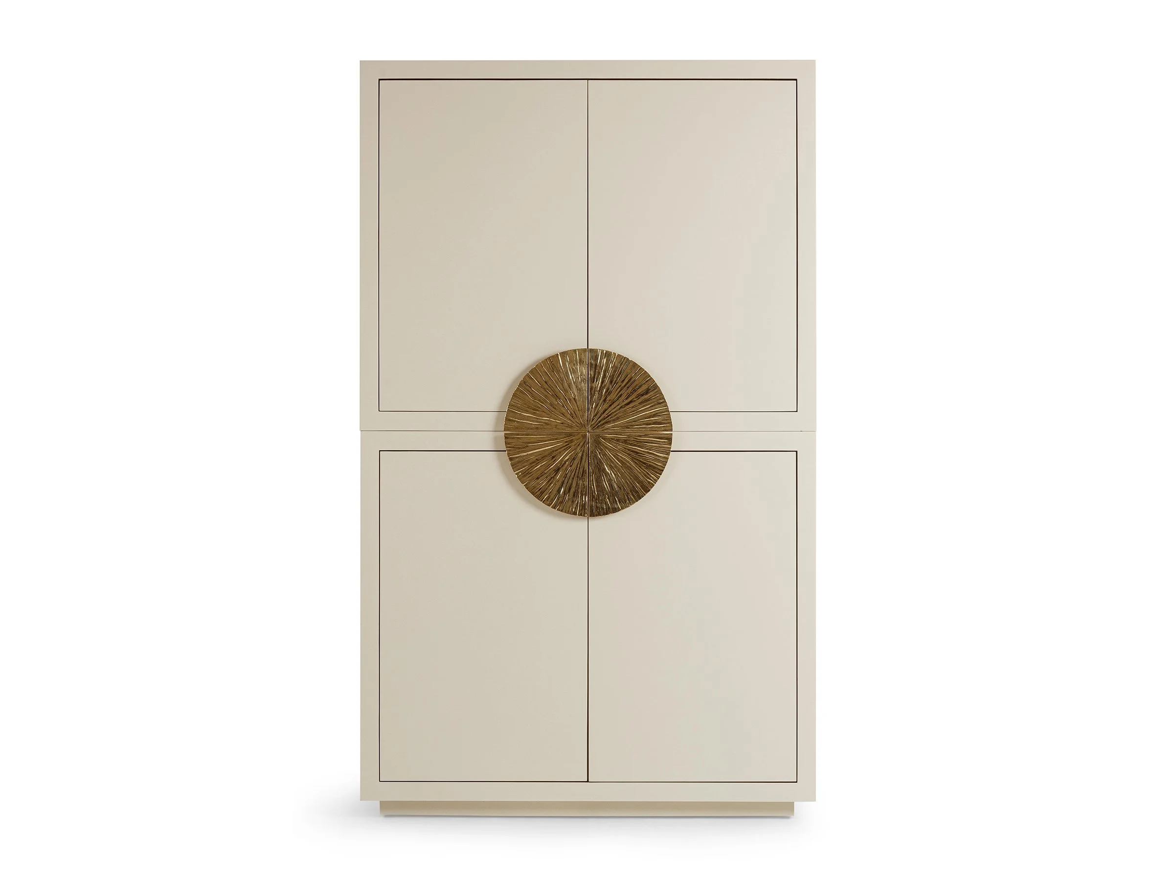 The Soleil Armoir in biscuit lacquer with polished bronze sunburst hardware, front view