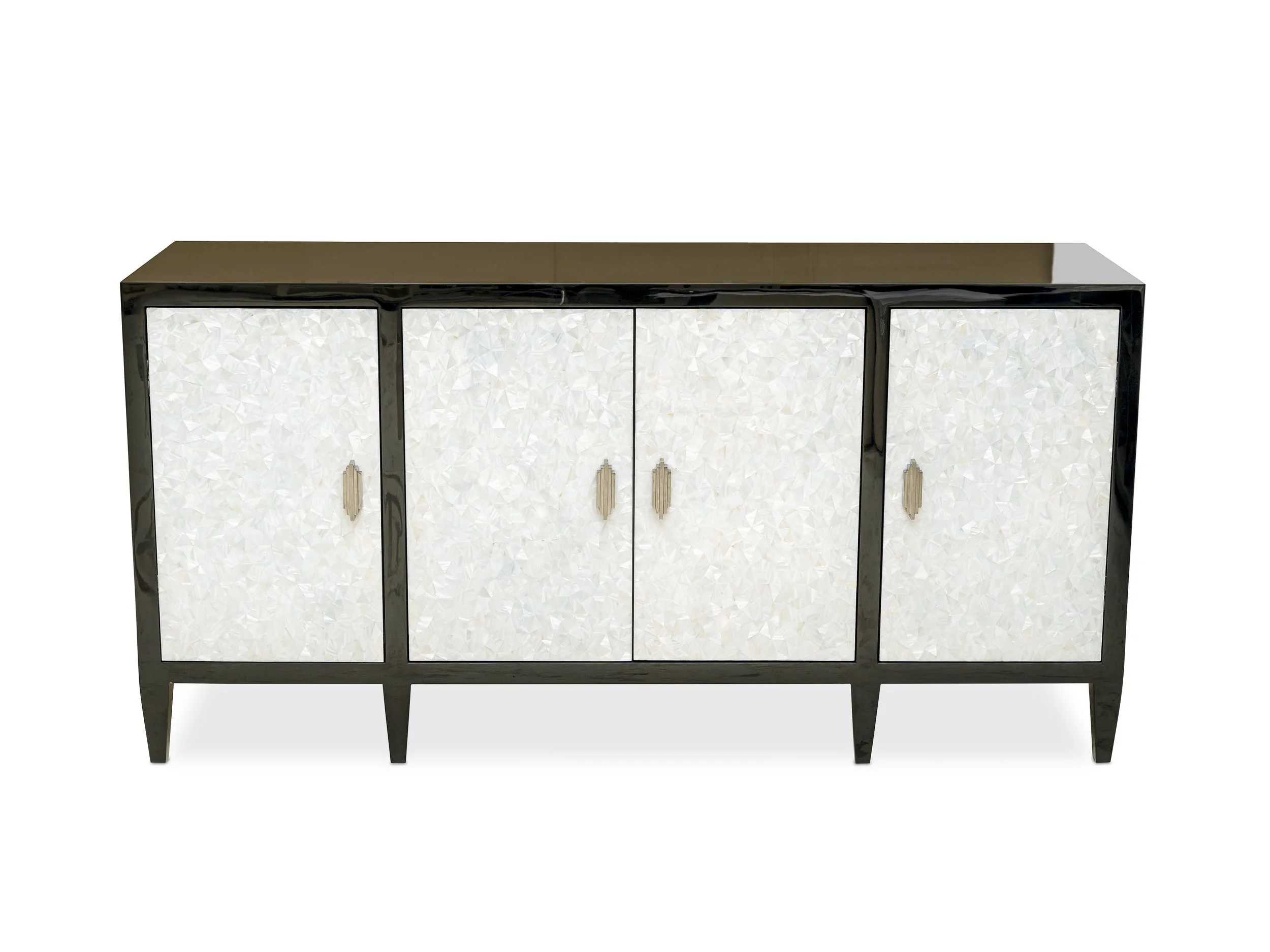 Angled view of The Mercer Credenza with dark walnut frame and luminous white mother-of-pearl fronts