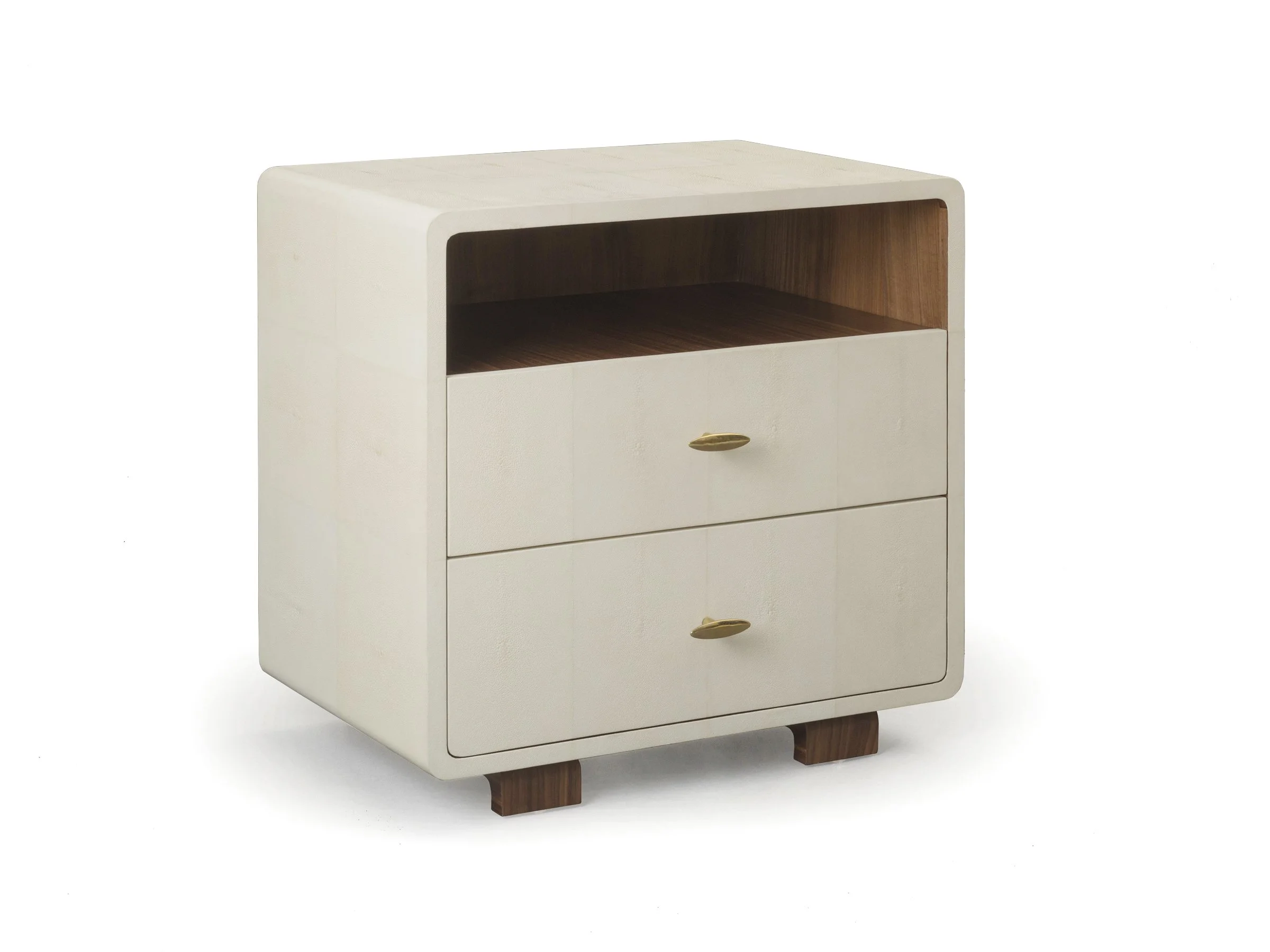 Angled view of the Glenda Nightstand in Ivory Shagreen