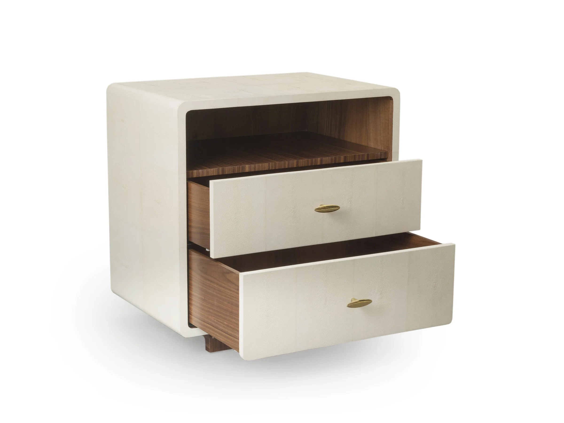 Angled view of the Glenda Nightstand in Ivory Shagreen with drawers open