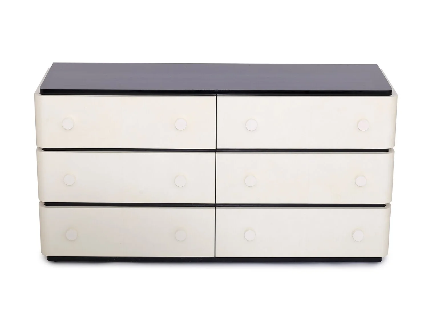 Mid Century Dresser – six drawers in bleached parchment and deep walnut, front view