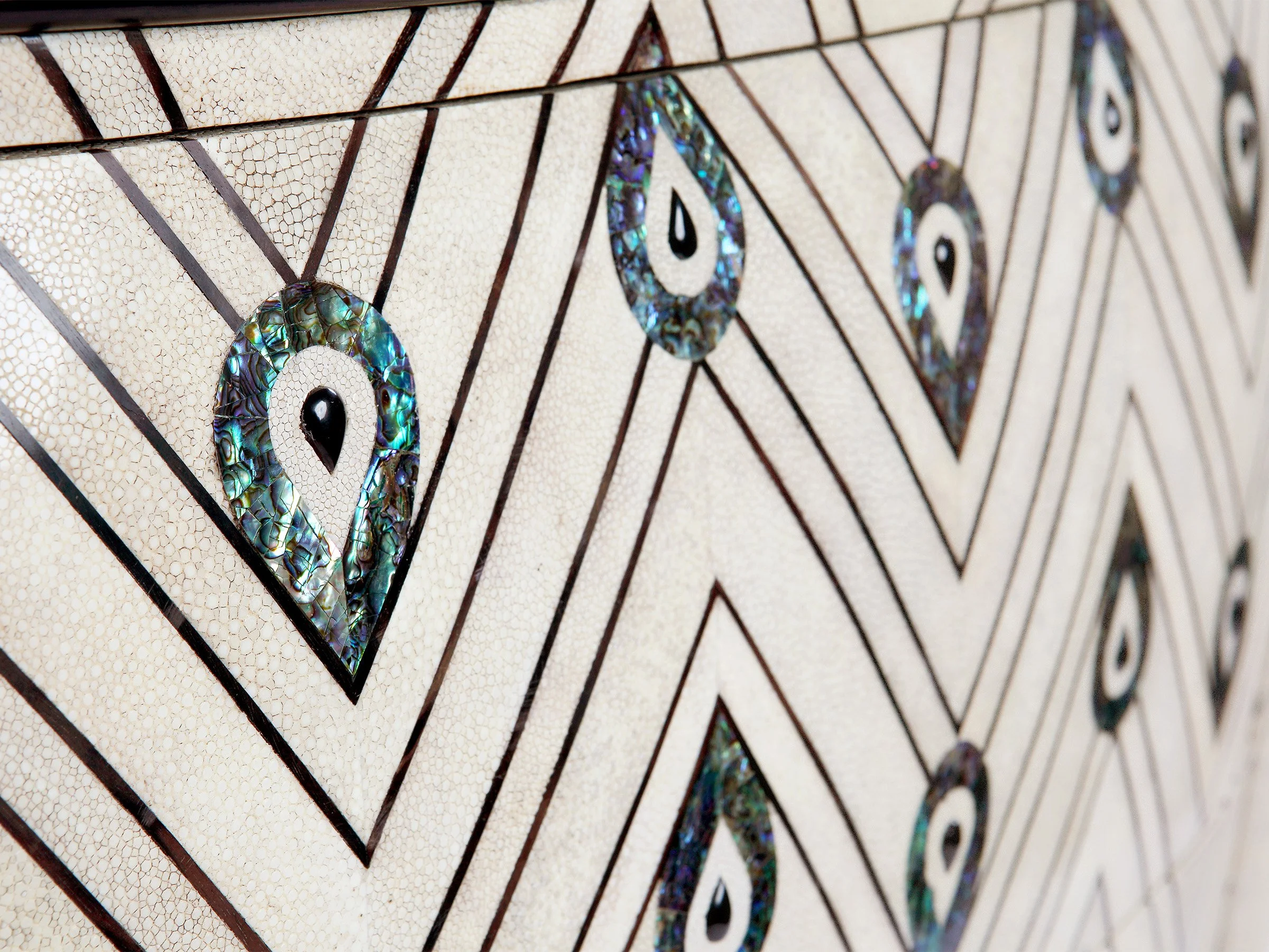 Detail view of The Royal Chest showing curved form and intricate pattern